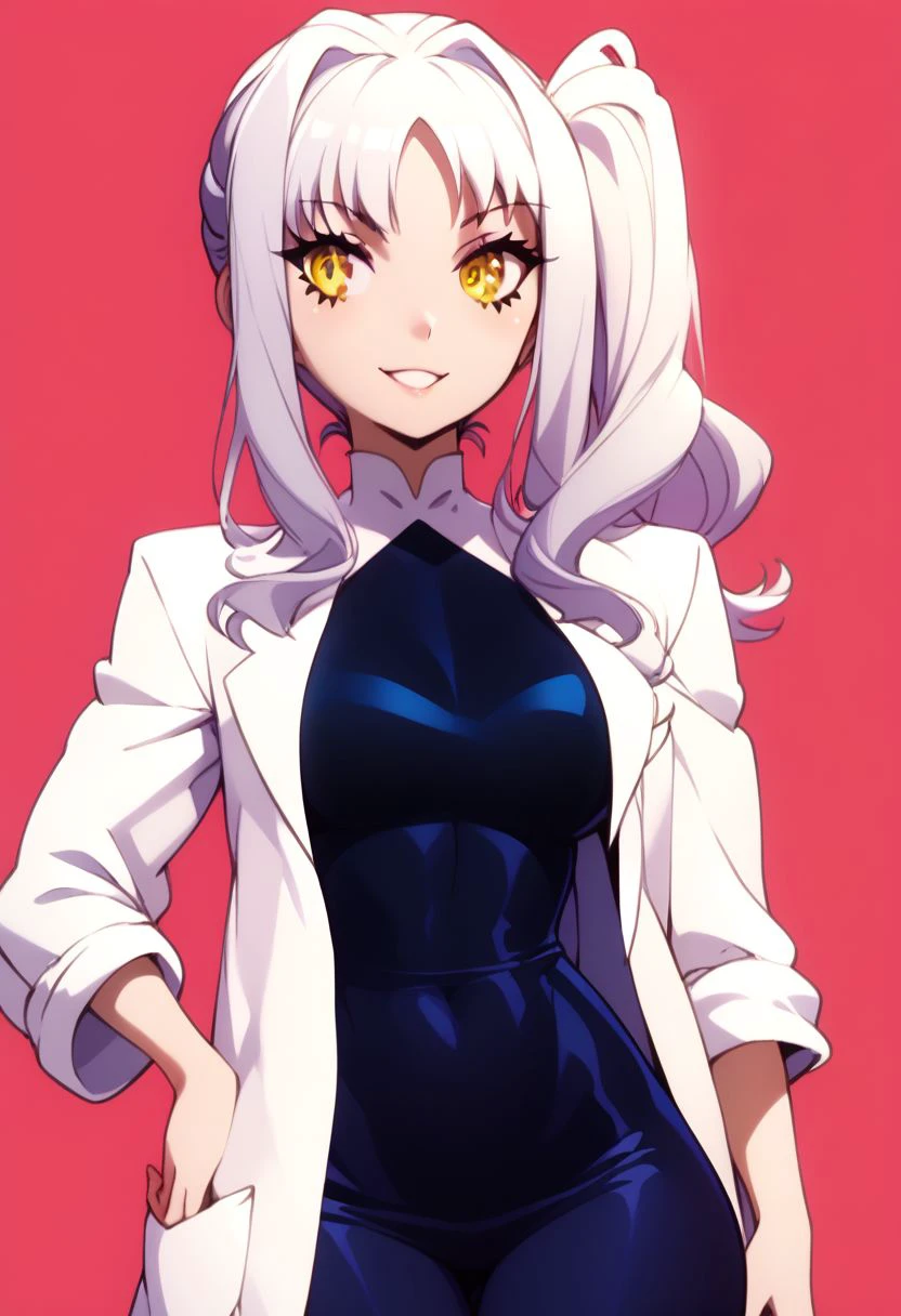 score_9, score_8_up, score_8, big breasts, (curvy), cute, eyelashes, 
BREAK, 
zzcaren, long hair, yellow eyes, white hair, sidelocks,  white labcoat, side ponytail, 
cowboy shot, smile, hand on hip, wide hips, 
BREAK, 
zPDXL, Expressiveh