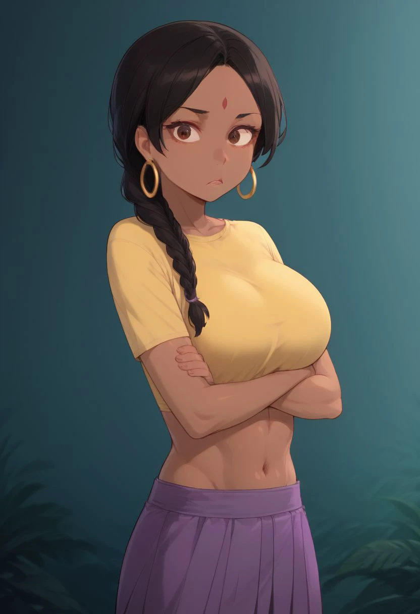 score_9, score_8_up, score_7_up, 1girl, Shanti, Indian girl, dark skin, black hair, big breasts, short girl, petite, red bindi, long hair, braided ponytail, earring, white-yellow shirt, midriff, very long purple skirt, barefeet, fit body, hourglass figure,  dynamic pose, brown eyes, looking at viewer, concerned, slightly confused, apprehensive, expressive eyes, arms crossed