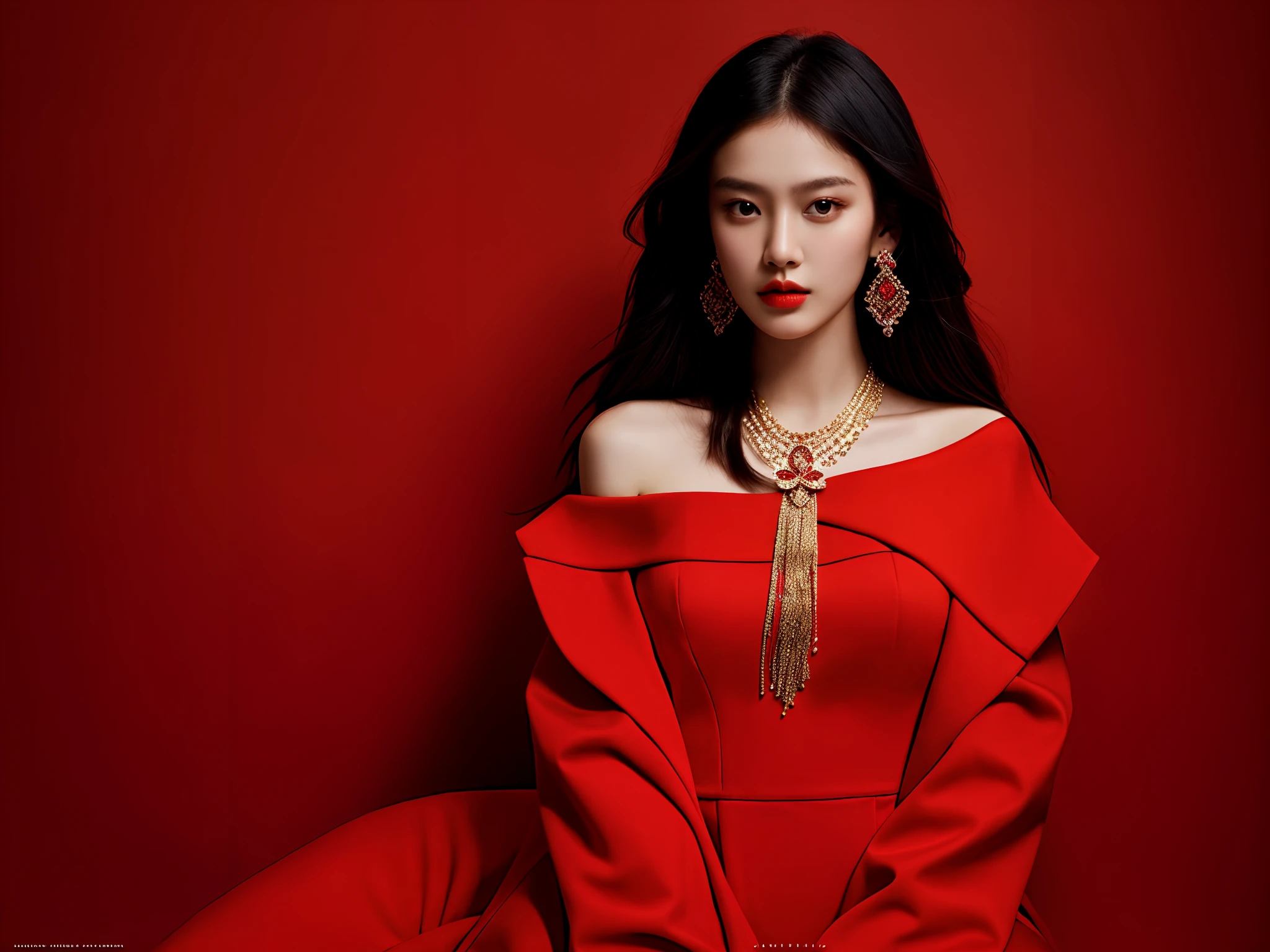 beautiful woman, asian woman, europian, europe woman, masterpiece, best quality, ultra detailed, (photorealistic:1.5), in the dark, deep shadow, low key, cold light, sexy look, red light, shiny eyes, detailed face, full body, detailed body, wearing earrings, beautiful eyes, hazel eyes, red lipstick, makeup, detailed eyeshadows, detailed eyelashes, brown hair, wispy fringe bangs haircut, (attractive:1.6), sharp focus, seductive eyes, (long hair:1.3), (wavy hair:1.2), red off shoulder bodycon dress, red silk dress, elegance, elegant looks (beautiful:1.6)