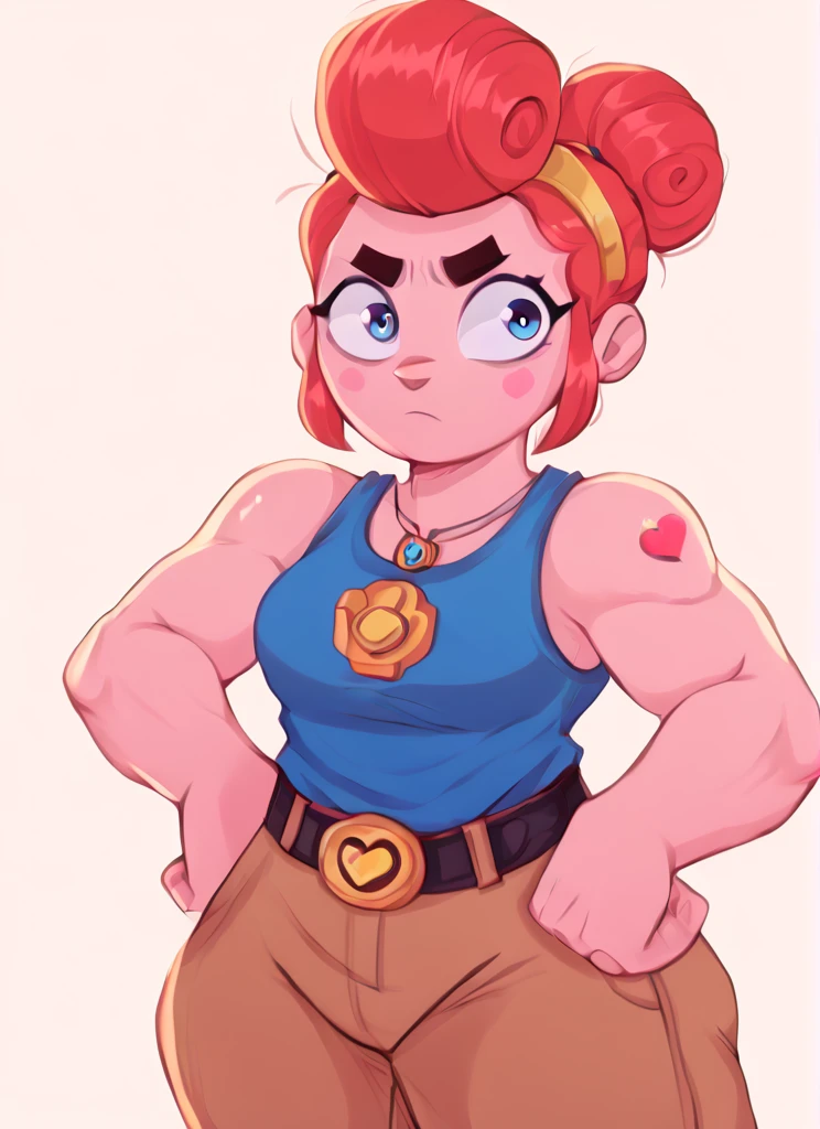 score_9, score_8_up, score_7_up, <lora:bspam:1>bspam , 1 girl , hairband , jewelry,  red hair  ,heart tattoo in arm  ,blue tank top,  belt , brown pants,confused, hair bun,  pompadour  , looking at viewer,  <lora:Aer0Zer0_Artist_Style:1>