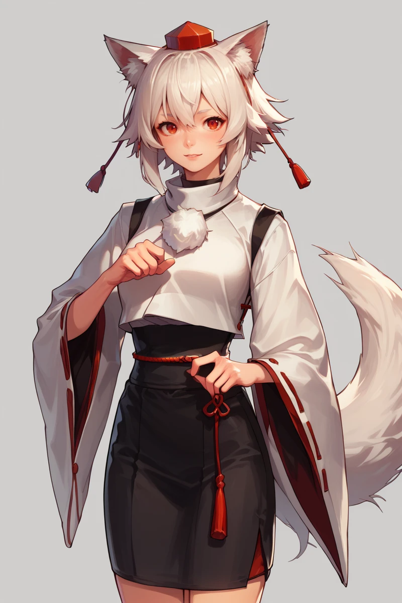 score_9, score_8_up, score_8, score_9, 1 girl,  source_anime, <lora:inubashiri_momiji_pony-10:0.8>  inubashiri momiji, white hair, short hair, wolf ears, tokin hat, pom pom \(clothes\), red eyes, full body, black skirt,  <lora:Dungeon_And_Fighter_XL:0.8>