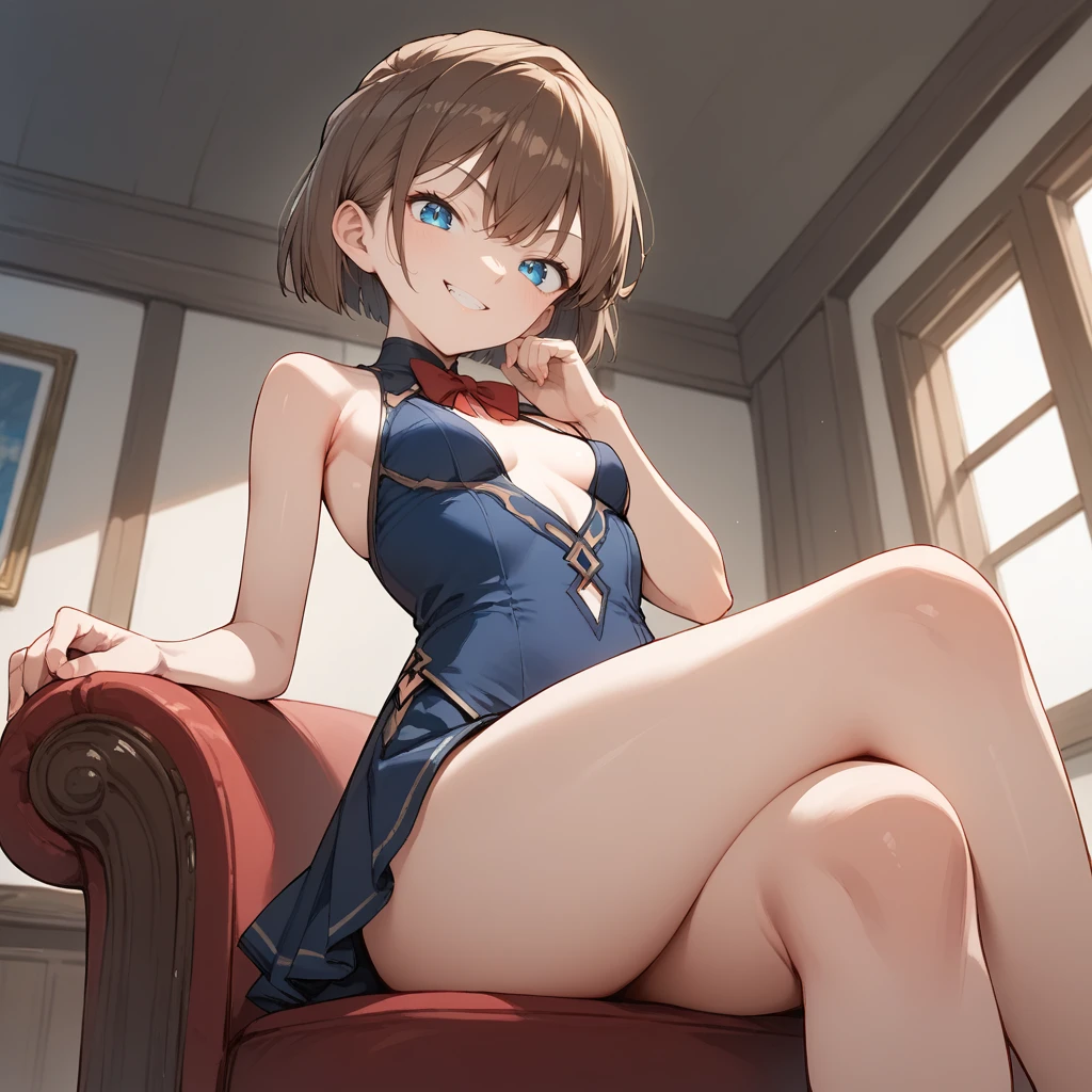 score_9, score_8_up, score_7_up, source_anime, solo, looking at viewer, indoors (from below1.1),crossed legs,evil smile, thighs, 1girl, 
 <lora:haibara_aiç°åå:1>bangs, blue eyes, bowknot, (brown hair:1.2), (small breasts:1.2),Short hair,