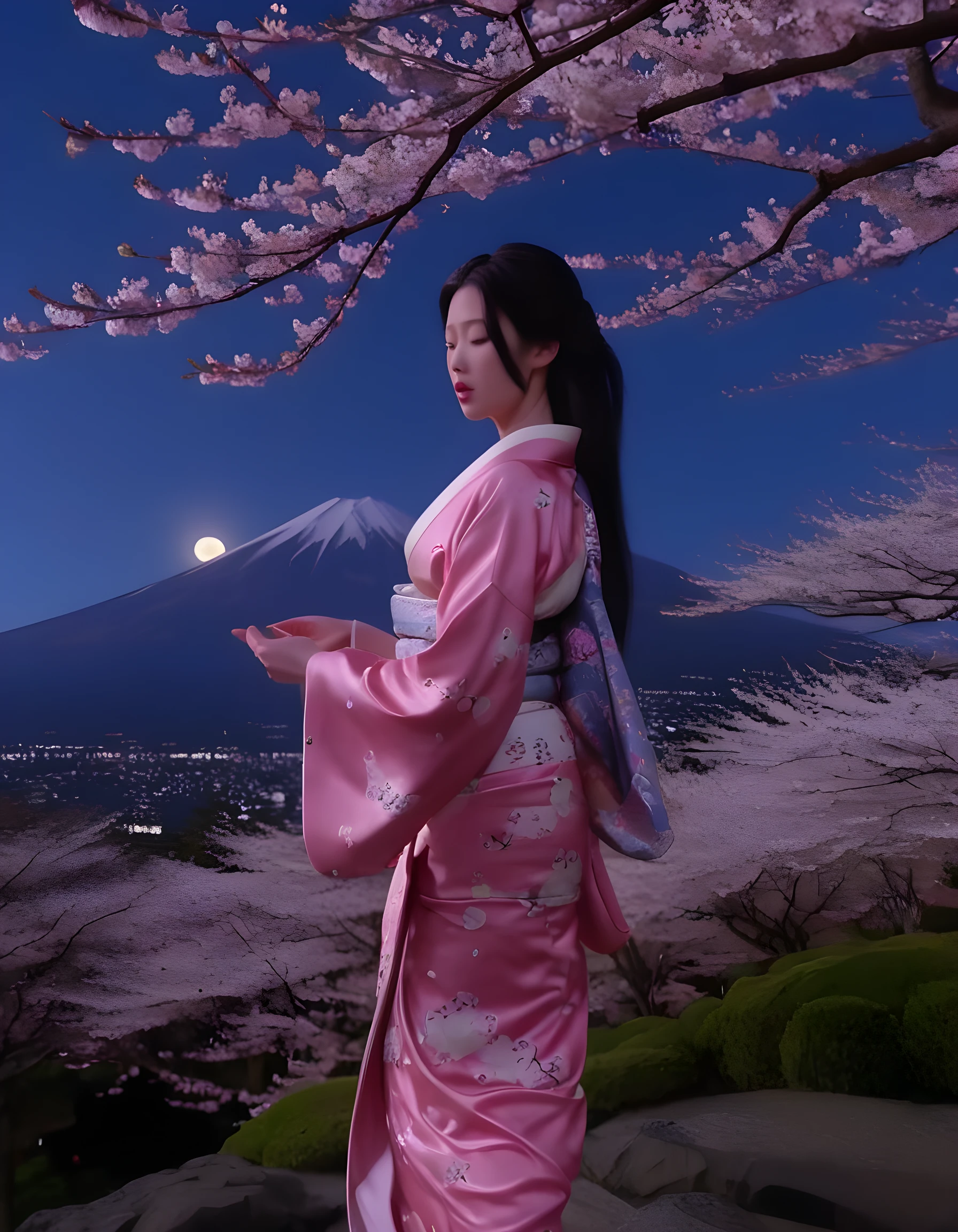 Amidst the tranquil moonlit Japanese garden, Lilly stands poised on a precipice in an exquisite kimono adorned with cascading cherry blossom motifs that seem to dance like silk petals in the breeze. The full silver-white moon hangs low over Mount Fuji, casting its glow upon a single, solitary cherry blossom tree beside her, ablaze with pink blooms. Lilly gazes out into the night with an air of serene melancholy, her long black hair billowing gently around her like a cloud as a delicate tear traces its way down her cheek, echoing the fleeting beauty and transience of the cherry blossoms that surround her.