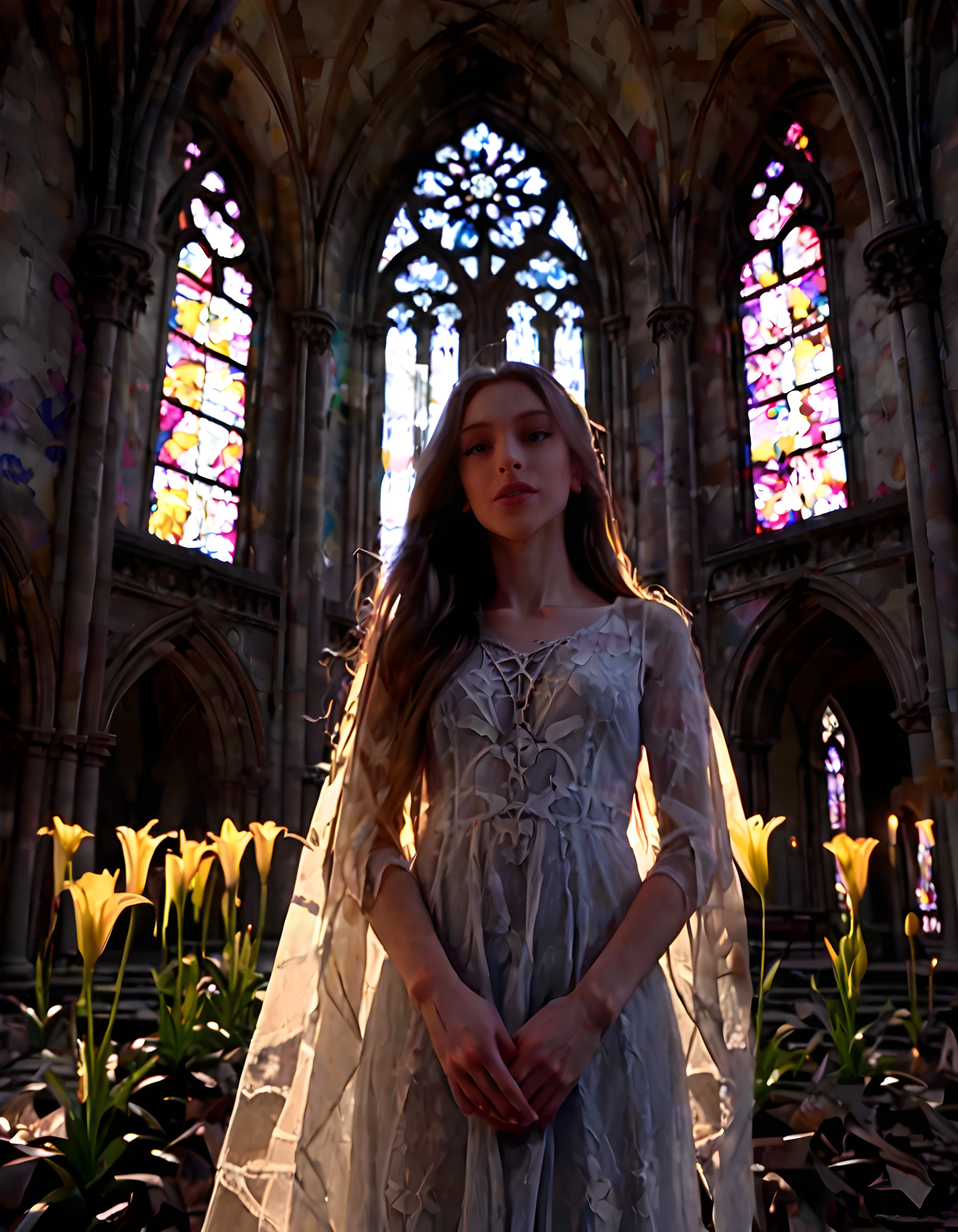 A solitary, realistic figure of a girl with long, dark hair and blue eyes named Lilly stands alone amidst the decaying grandeur of an abandoned Gothic cathedral, her silhouette subtly outlined by the golden hues of the setting sun filtering through stained glass windows depicting lilies. The camera angle is low, looking up at her from the shadows beneath the altar, highlighting the grandeur of her surroundings while also creating an air of mystery and reverence around the ethereal figure. Her long hair cascades like a river of blue-black silk down her back, and her eyes reflect the tranquil beauty of a single lily in full bloom. The background is a chaotic blend of darkness and light, with the remnants of once-glorious frescoes peeling off the walls like tattered memories, and the faint outline of gargoyles lurking in the shadows above. The entire scene is bathed in a soft, ethereal glow, as if lit by an otherworldly source, adding to the dreamlike quality of the image and emphasizing Lilly's ethereal beauty and haunting melancholy.