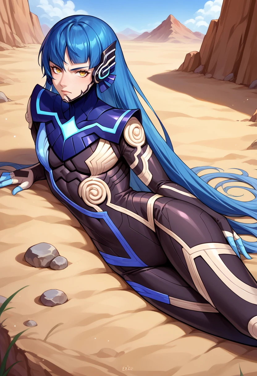 score_9, score_8_up, score_7_up, source_anime BREAK  solo, 1boy,  <lora:SmtV-Protag-pdxl_Fp-000008:1>, nahobino, long hair, blue hair, yellow eyes, bodysuit, armor, looking at viewer, lying, desert,