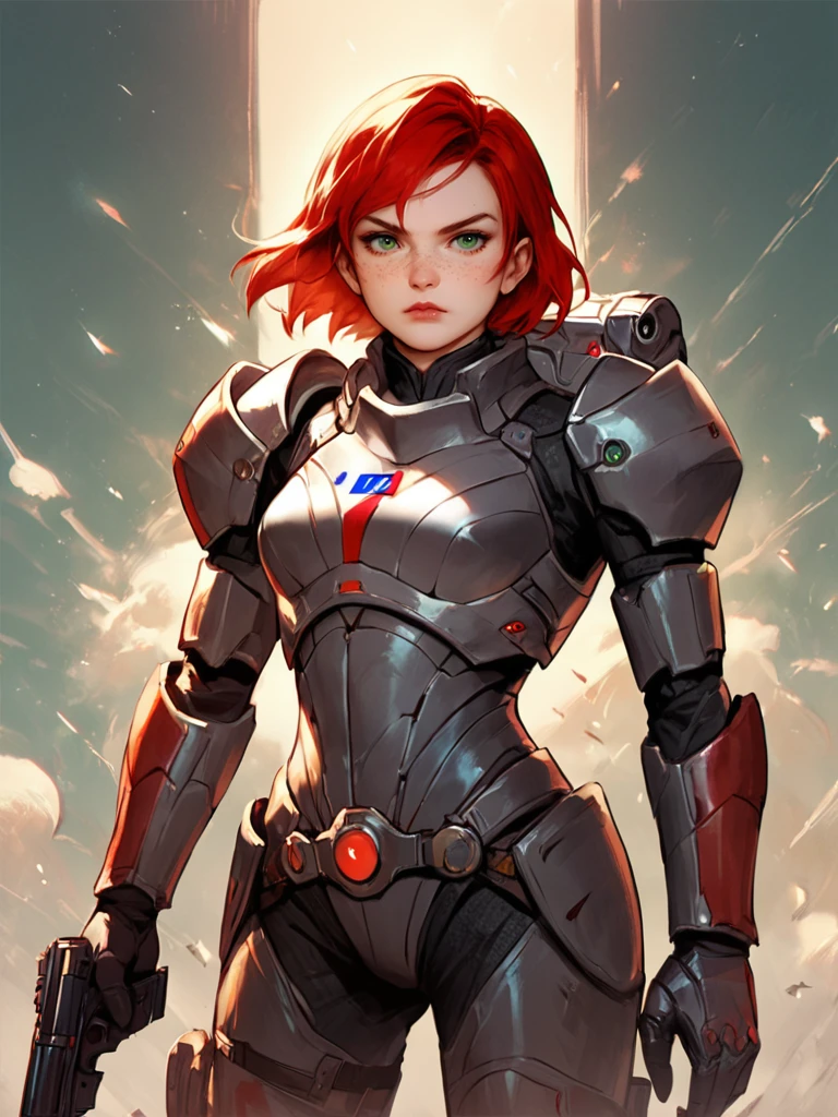 score_7_up, score_8_up, score_9, masterpiece, perfect face, high quality, source_anime, (1girl, solo,) <lora:FemShepard_-_Mass_Effect:1> femshep, red hair, short hair, green eyes, freckles, science fiction armor, cowboy shot, gun, holding weapon lipstick,