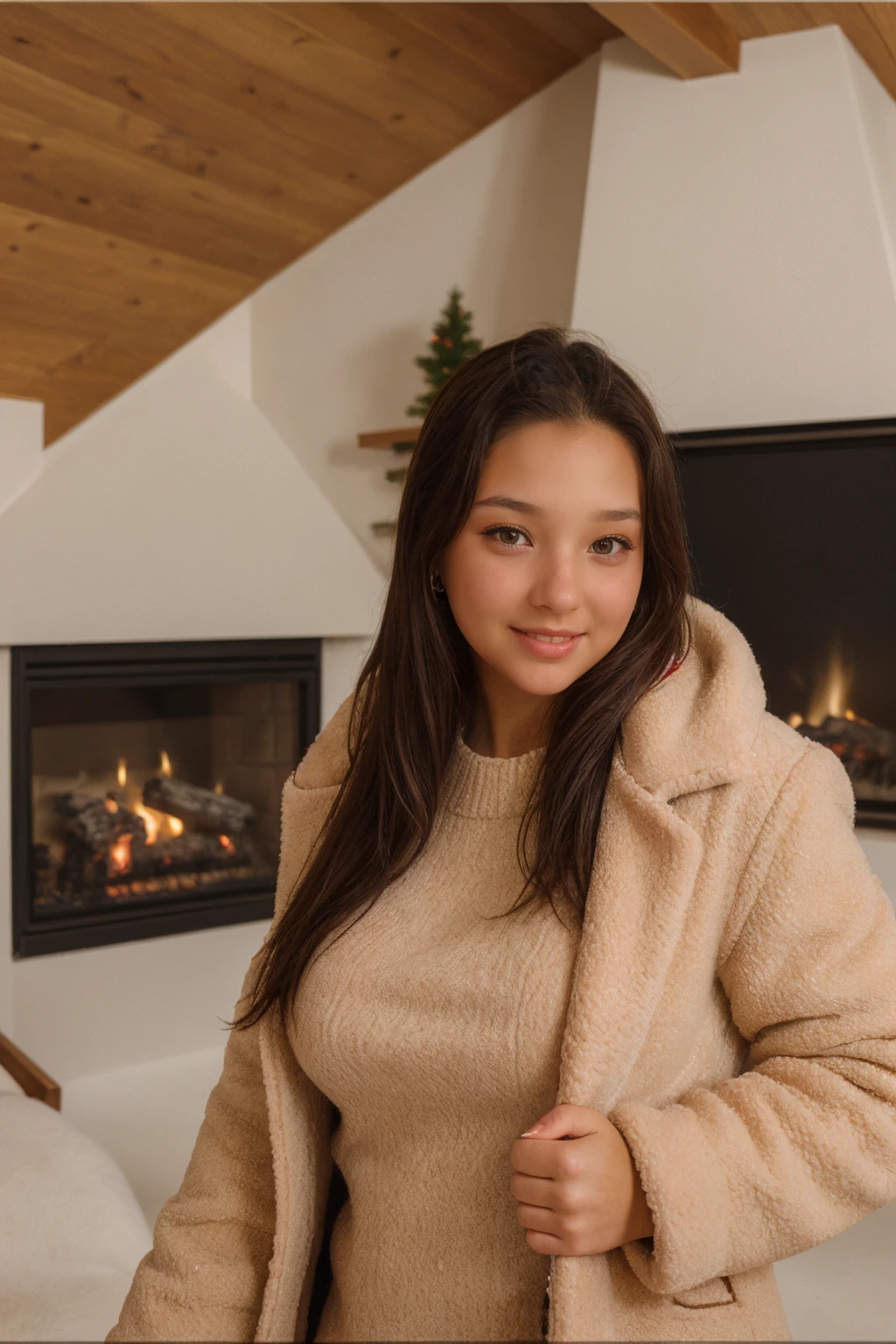 (masterpiece, solo, 1girl),(ultra detailed),RAW photo,subject,8k uhd,dslr,soft lighting,high quality,film grain,Fujifilm XT3,<lora:christinamodel:0.9>,christinamodel,wearing winter coat,in front of a ski lodge,fireplace,modeling,beuatiful young woman,