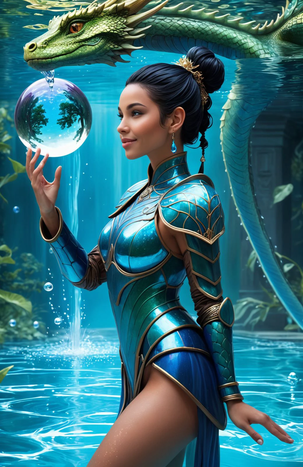Fantastical portrait of a serene Water Mage. A breathtakingly beautiful woman with black hair and a stylish ponytail dons an enchanting smile. Her calm demeanor exudes charm as she sends a playful air-kiss amidst the mystical realm. Dressed in azure water armor, this powerful matriarch stands within a pool, surrounded by intricate details of her magical domain. Floating above are mesmerizing water balls while a majestic Water Dragon emerges from the depths to complete the scene's harmony. This captivating image encapsulates fantasy, beauty, and the enchanting essence of an air-kissed water mage.