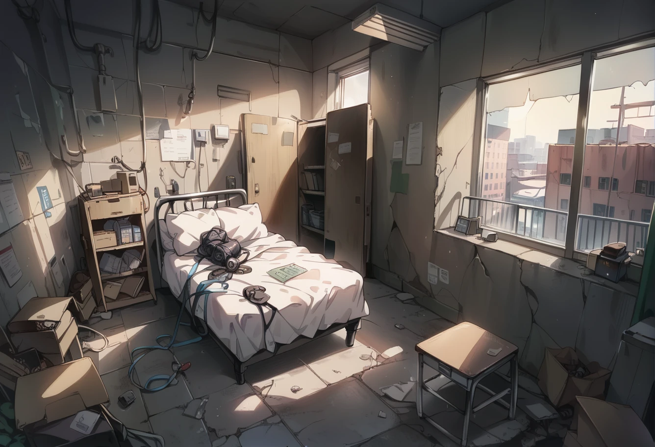 score_9,score_8_up,score_7_up,8k,hd,,ruanyi0060,blinds,cracked wall,no humans,dirty,box,brick wall,broken,broken glass,broken window,building,cable,cardboard box,chair,cracked wall,curtains,desk,door,glass,graffiti,hospital bed,indoors,industrial pipe,pillow,railing,ruins,shelf,tile floor,tile wall,tiles,wall,water,window,night,moonlight,dark,evening,<lora:0060 abandoned hospital_v1_pony:1>