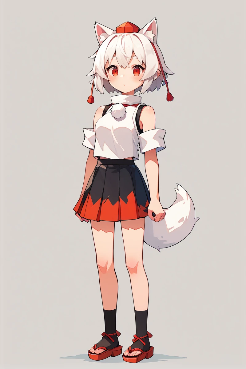 score_9, score_8_up, score_8, score_9, 1 girl,  source_anime, <lora:inubashiri_momiji_pony-10:0.8>  inubashiri momiji, white hair, short hair, wolf ears, tokin hat, pom pom \(clothes\), red eyes, full body, skirt,  <lora:Flat_style-000002:0.8>