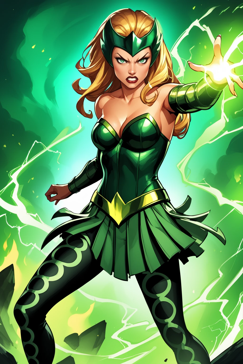 score_9, score_8_up, score_7_up, masterpiece, high quality, BREAK
 <lora:Amora the enchantressPonyLoRA:1>amoenchtress, long hair, headpiece, elbow gloves, bustier, bare shoulders, cleavage, belt, skirt, leggings, angry, magic, fire, electricity, glowing, aura, attack stance, casting,