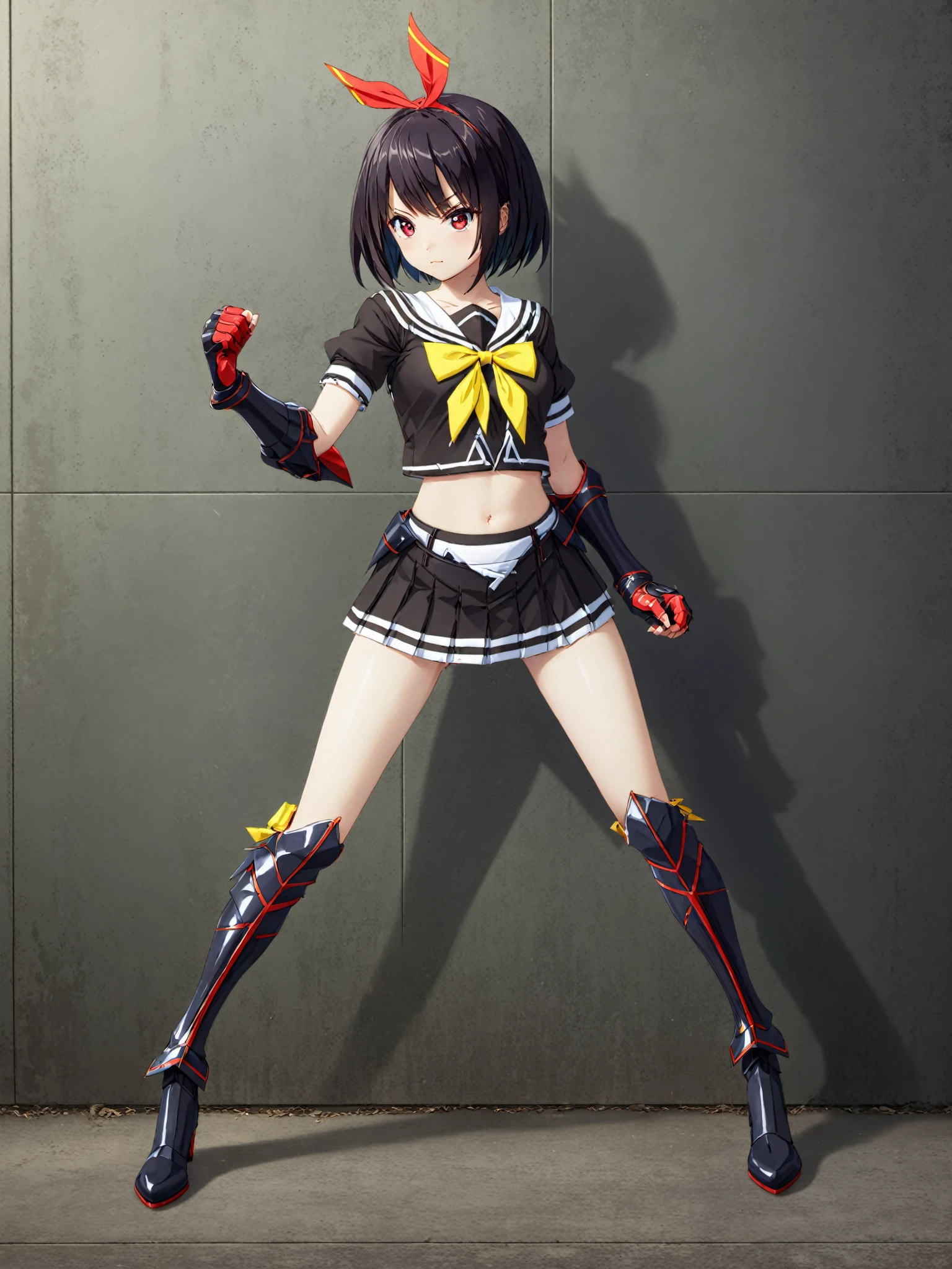 masterpiece, best quality,
break
<lora:kujounagisa.sdxl.v1:0.8> kujou nagisa, red hair ribbon, serafuku, yellow bowtie, black gauntlets, fingerless gloves, black footwear, armored boots, black hair,
1girl,solo, cowboy shot,