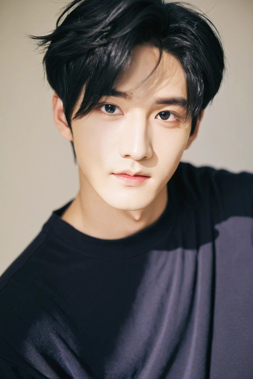 1boy, young man black hair putting hair, male k-pop idol, lovingly looking camera, levi ackerman, medium portrait soft light, chop, beautiful model, oval face, vivid