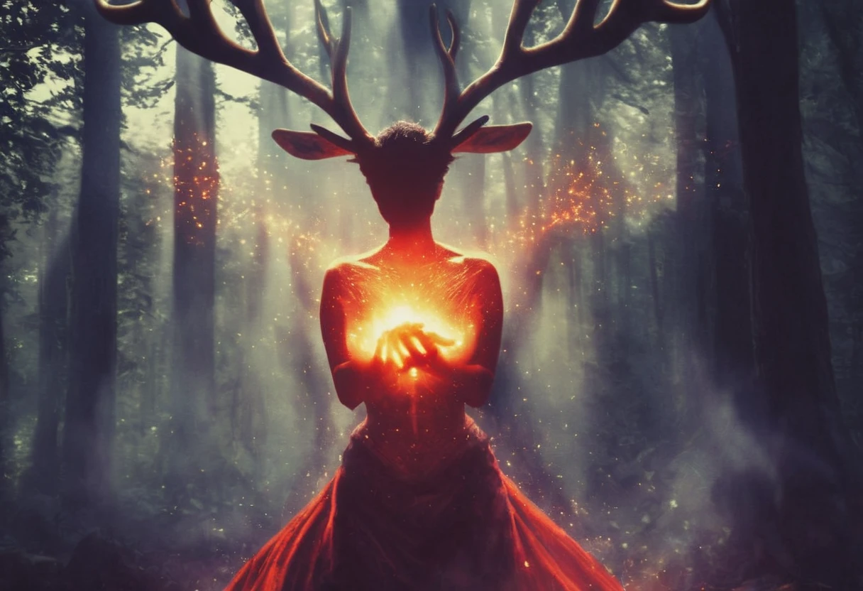 A photo manipulation of a (non-corporeal entity with antlers), solo, feminine figure, silhouette, forest, playing magical tribal drums, particle effects, complex lighting, (magic), glowing energy, pagan symbolism, grimdark, dark fantasy, centered, diffused light, photorealistic, hyperrealistic, surreal, large breasts, trance, hypnosis, ethereal and mythical, ritualism, floating, red dress, torn clothes, detailed facial features, extremely detailed, faceless,
 <lora:Manipulator:1.2>