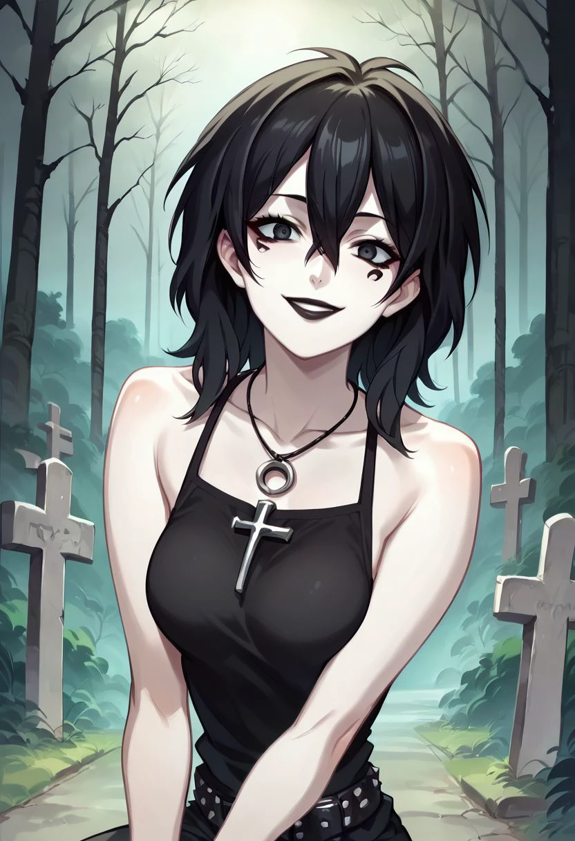 D_endless, anime screencap, 1girl, black hair, medium hair, hair between eyes, pale skin, white body, medium breasts, facial mark, necklace, ankh necklace, black top, bare shoulders, studded belt, black lips, goth, looking at viewer, forest, sitting, smile, overcast, graveyard, source_cartoon, score_9, score_8_up, score_7_up, score_6_up, score_5_up, score_4_up, ponypositive,