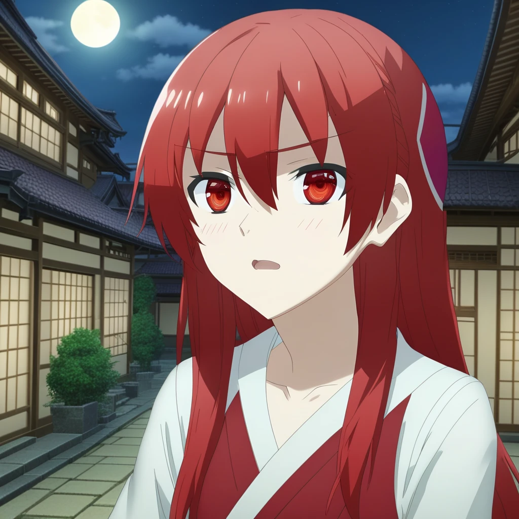 score_9, score_8_up, score_7_up, source_anime, rating_safe, , (3d:0.4), 1girl, solo,  tsukasa_yuzaki, red hair, red eyes, long hair, hair between eyes, bangs, close-up, town, japanese architecture, night, crescent moon, one leg up, speaking, talking,