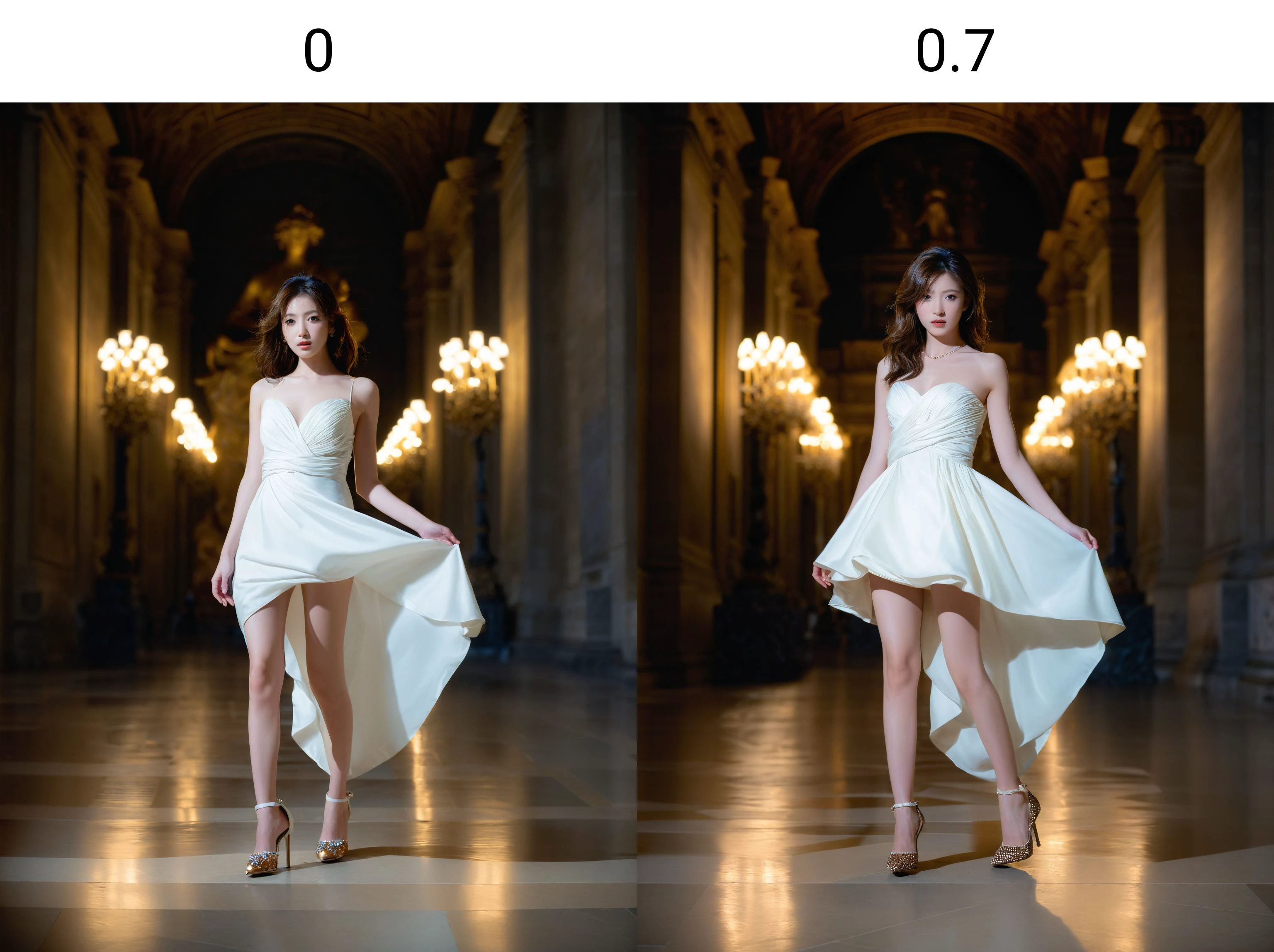 best quality, masterpiece, hinaigirl,
raw photo of asian female in white dress, close up face, brown hair, fashion accessories, looking at viewer,
professional photo, high contrast exposure, soft bokeh, far side low key light, complex soft shadow, spot bokeh, blurry background,
catwalk in the Louvre Museum, full body in high heel, fleeting, ethereal, alluring, sparkling, artistic, mysterious, delicate, complex, twisted,
by Graham Sutherland, Dan Mumford, Massimo Vitali, Hikari Shimoda, Xanti Schawinsky,
<lora:MaybeBetterFaceInFullBodyLora_XL_rev3:0>