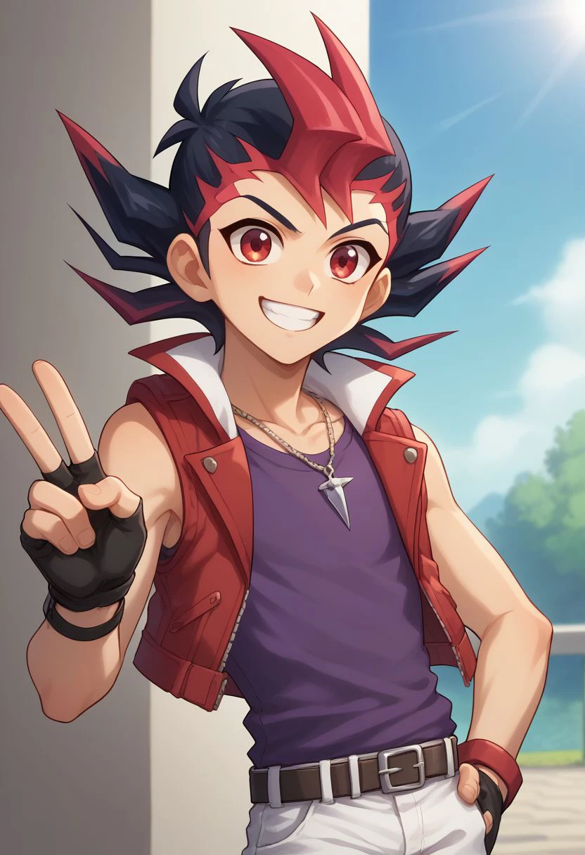 score_9, score_8_up, score_7_up, source_anime, highly detailed, cute,
yuma, 1boy, male focus, gloves, solo, red eyes, black hair, red hair, spiked hair, belt, fingerless gloves, multicolored hair, open mouth, smile, grin, white pants, purple shirt, jacket, sleeveless, bang, necklace, upper body, v sign,
outdoor,