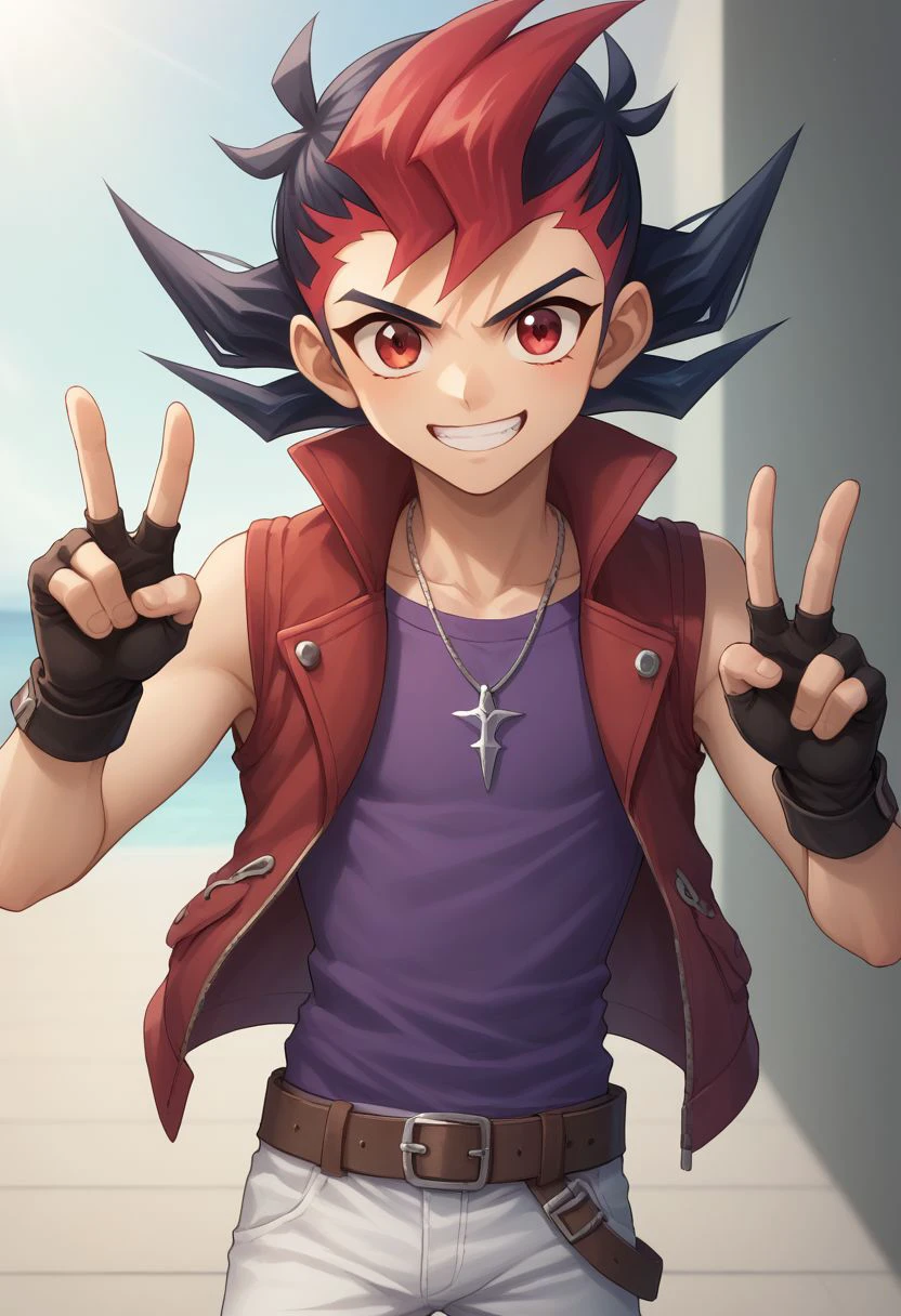 score_9, score_8_up, score_7_up, source_anime, highly detailed, cute,
yuma, 1boy, male focus, gloves, solo, red eyes, black hair, red hair, spiked hair, belt, fingerless gloves, multicolored hair, open mouth, smile, grin, white pants, purple shirt, jacket, sleeveless, bang, necklace, upper body, v sign,
outdoor,