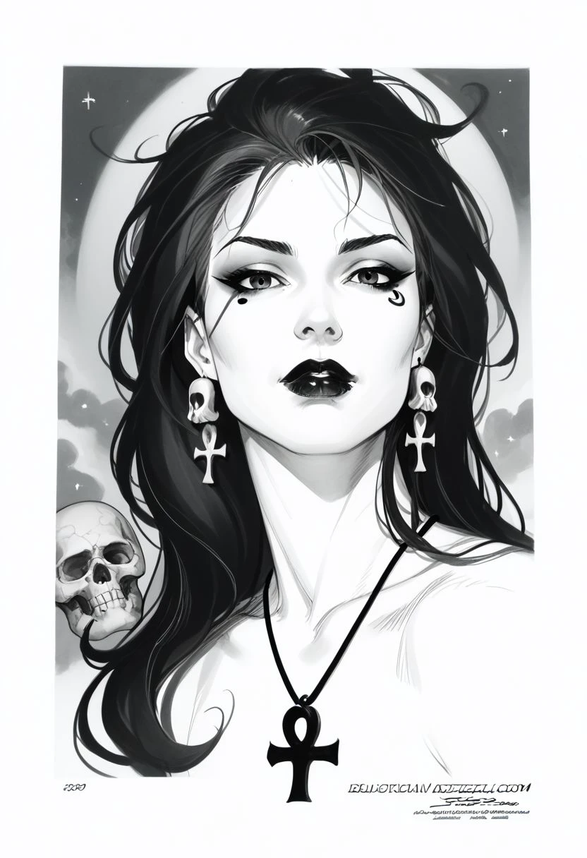 dsk_death, 1girl, earrings, jewelry, necklace, ankh necklace, monochrome, traditional media, sketch, black lips, cross earrings, long hair, lipstick, makeup, skull, looking at viewer, comic art style, death_of_the_endless\(sandman\), greyscale, monochrome, cinematic angle, cinematic lighting, BREAK zPDXL2 PonyXLV6_Scores