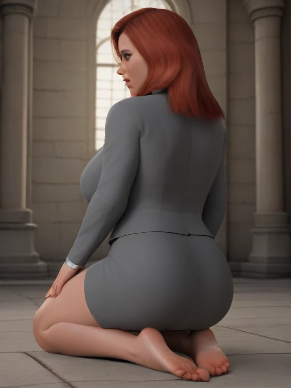 score_9, score_8_up, score_7_up, score_6_up, aloona, 1girl, full body, bokeh, red hair, auburn, grey eyes, gorgeous, huge breasts, Kneeling pose from behind, teacher outfiit, grey jacket, grey skirt, pencil skirt, bottomless, exposed genitalia, massive scale environment, in a stone fortress with barrels, sharp focus, daylight<lora:unshaven_pubic_hair_pussy_ponyXL:0.0> <lora:hyper_bottomheavy_v1_sdxl_ponyXL:0.0>  <lora:rikujou02:0.0><lora:Dicknipples_PonyXL:0.0> <lora:MixxxedOC:0.2>   <lora:HyLper-Accelerate-PAseer-ponysdxl:0.8> <lora:Character_-_Agent_Alona_Game_Ponyxl:0.8>