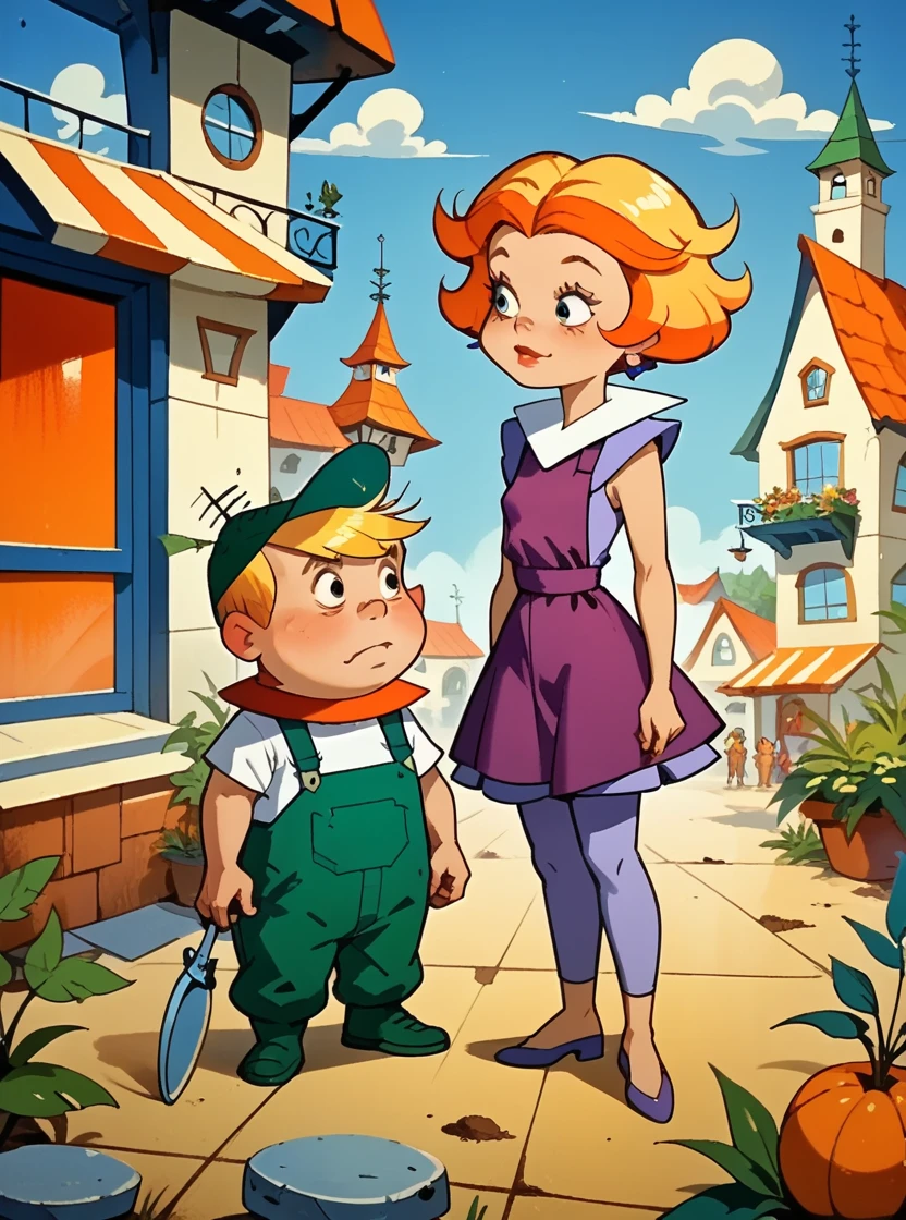 score_9, score_8_up, score_7_up, score_6_up, score_5_up, score_4_up, hud_jets0n, <lora:Jetsons-000009:1>, 1girl, 1boy, purple dress, green overalls, green hat, blonde hair, orange hair, short hair