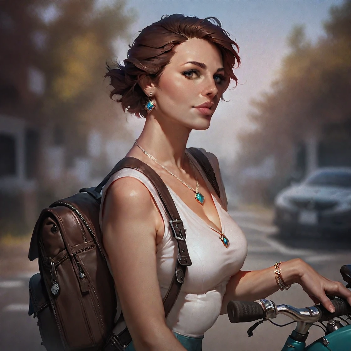 score_9, score_8_up, score_7_up, half length, medium shot, woman, solo, looking at viewer, short hair, brown hair, jewelry, earrings, necklace, bag, blurry, bracelet, lips, depth of field, blurry background, backpack, ground vehicle, realistic, bicycle
<lora:Bike_Girl_Pony:1.2>  <lora:Concept Art Eclipse Style LoRA_Pony XL v6:0.8> concept art, realistic