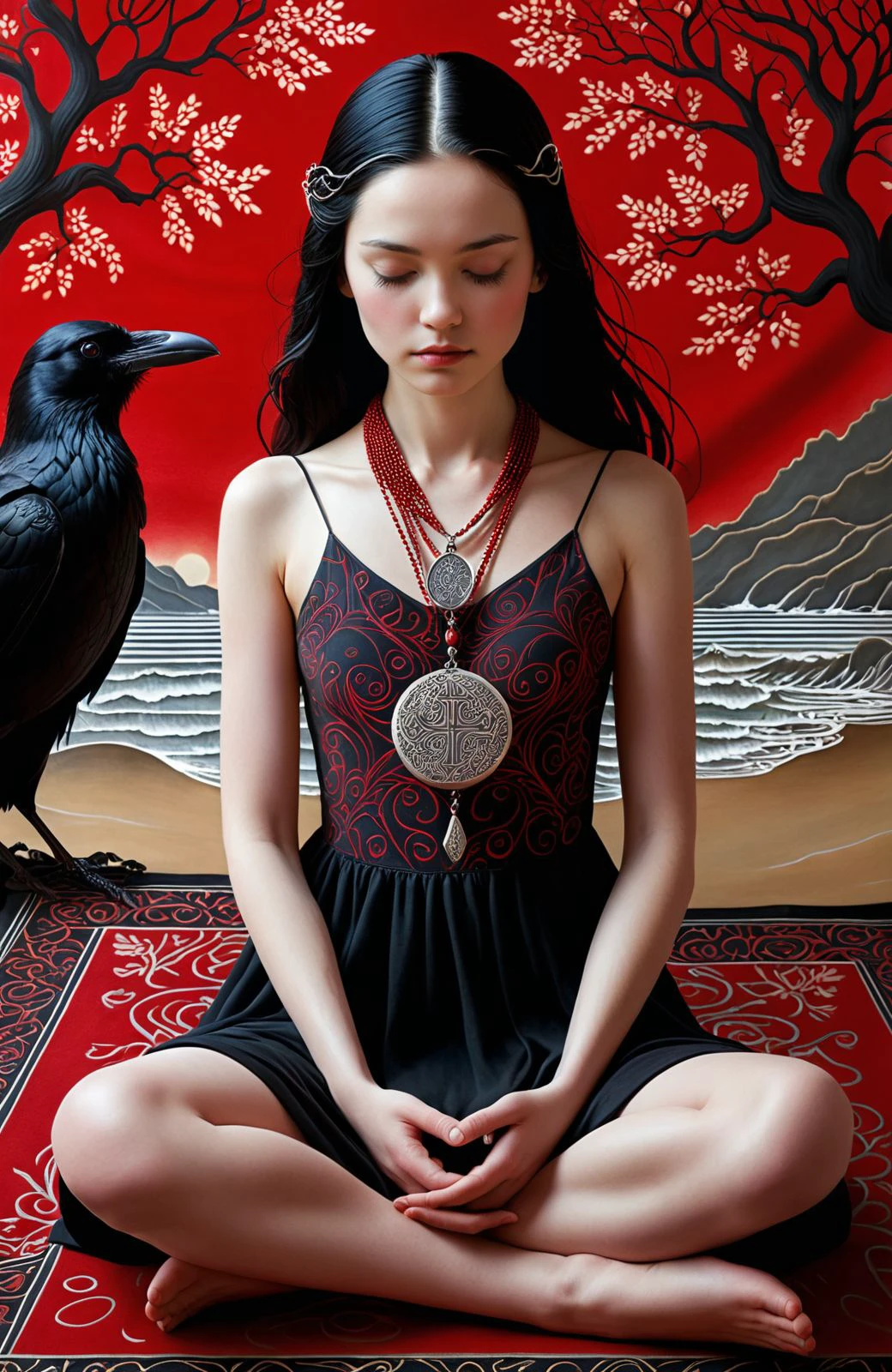 A young girl with porcelain skin and raven-black hair sits cross-legged on a crimson-red rug, surrounded by an aura of serenity. Her eyes are closed, as if communing with the whispers of the universe. The intricate patterns on her dark dress seem to shift in the soft light, like the gentle lapping of waves against the shore. A delicate silver locket adorns her neck, its surface etched with ancient symbols that whisper secrets only known to the initiated. In the background, a crimson-red tree stands tall, its branches twisted and gnarled, as if bearing witness to the mysteries unfolding before us.