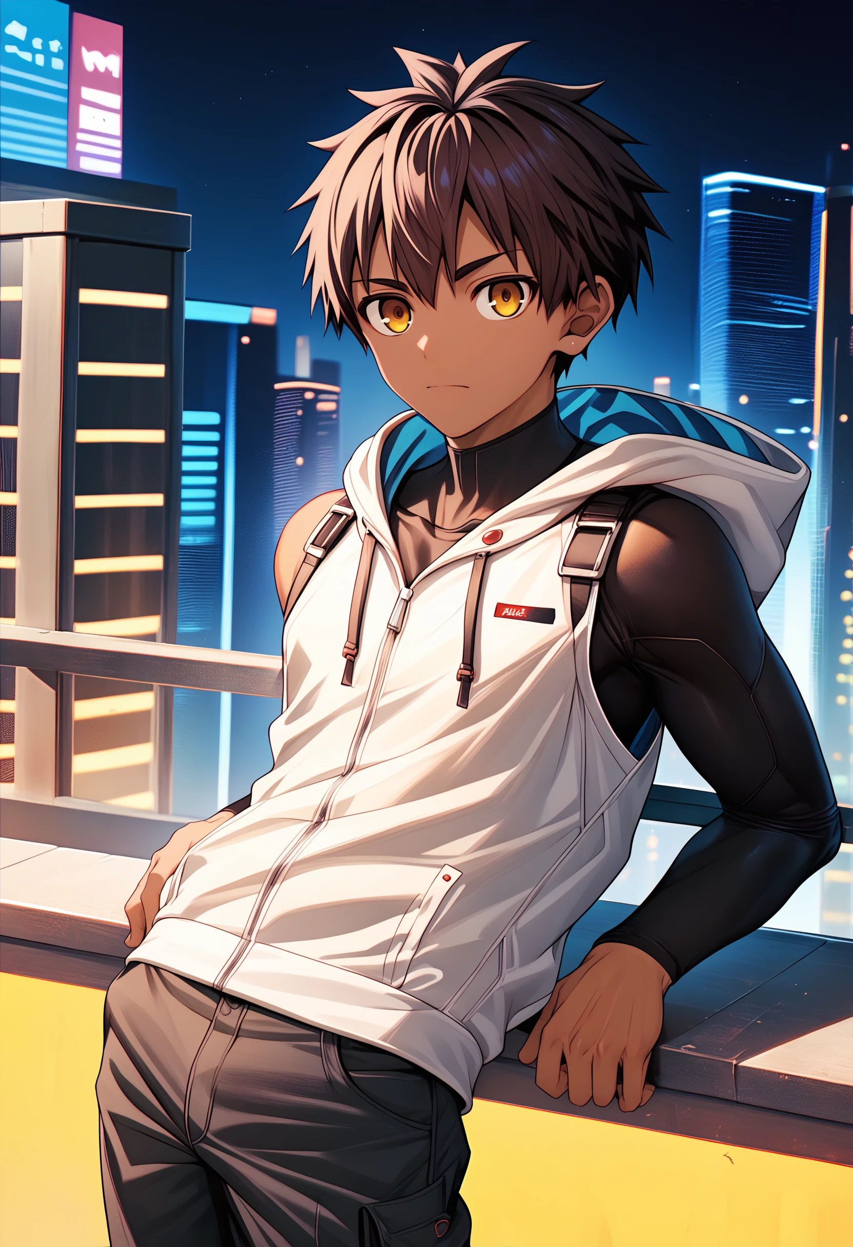 score_9, score_8_up, score_7_up, score_6_up, source_anime, science fiction, outdoors, cyberpunk cityscape, night, dark 1boy, solo, brown hair, yellow eyes, leaning against railing, wind, dark skin, white hoodie, vest, open vest, cargo pants, looking down at viewer, depth of field, chromatic aberration <lora:nayoshi-amxl-v4c-ShoAI:1>
