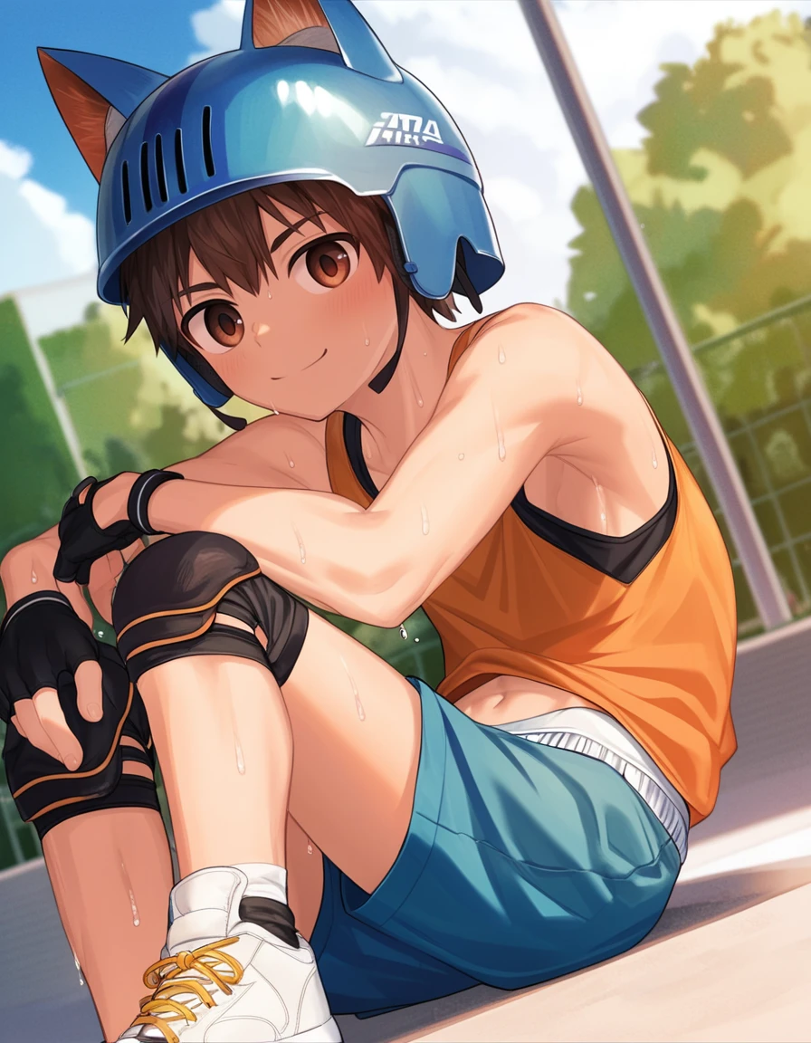 score_8, score_8_up, score_7_up, score_6_up, source_anime, film grain, solo, outdoors, park, cityscape, dutch angle, from below, 1boy, young, brown hair, brown eyes, looking at viewer, smile, orange tank top, midriff peek, sweat, blue shorts, blush, sneakers, fox ears, helmet, knee pads, sitting, black fingerless gloves <lora:nayoshi-amxl-v4c-ShoAI:0.95>