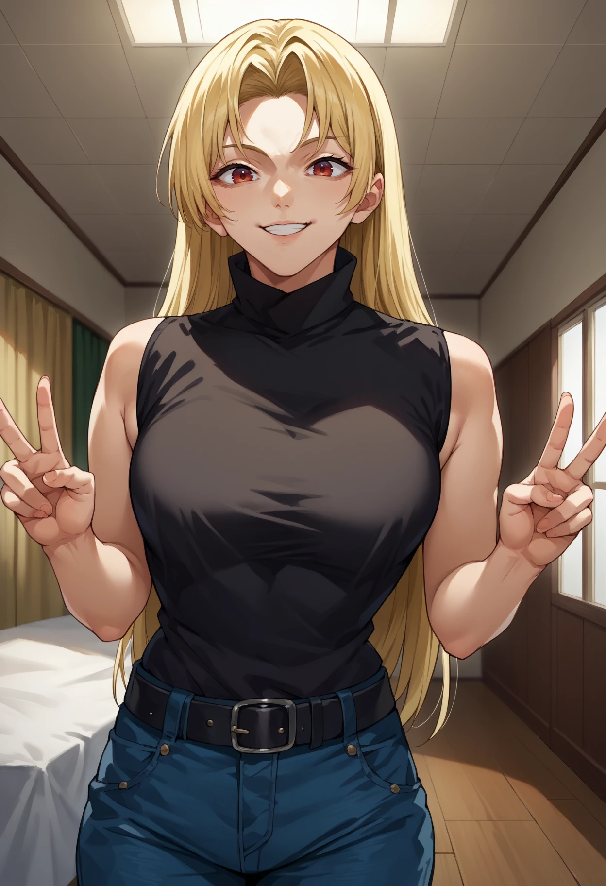 score_9, score_8_up,score_7_up, source_anime,1girl, solo, <lora:EPjjkTsukumoYuki-09:1>, EPjjkTsukumoYuki, long hair, blonde hair, red eyes, parted bangs, sleeveless, sleeveless turtleneck,  black shirt, denim jeans, black belt, smile,  indoors, standing, double v,