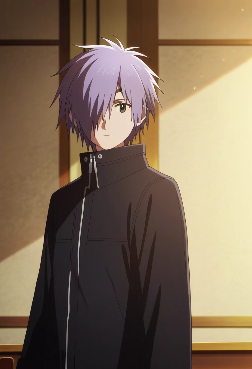 score_9, score_8_up, score_7_up, score_6_up, highly detailed, masterpiece, best quality,detailed,intricate details, amazing quality, best aesthetic, absurdres,source_anime, lui_ohwada, purple hair, black eyes, 1boy, solo, male focus, hair over one eye, black coat<lora:EMS-398506-EMS:1.000000>