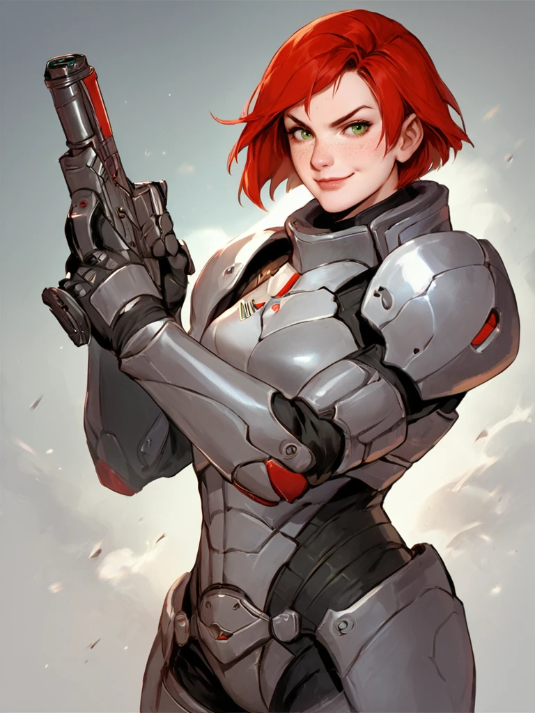 score_7_up, score_8_up, score_9, masterpiece, perfect face, high quality, source_anime, (1girl, solo,) <lora:FemShepard_-_Mass_Effect:1> femshep, red hair, short hair, green eyes, freckles, science fiction armor, cowboy shot, gun, holding weapon lipstick, confident, smirk,