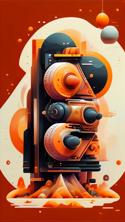 Create flat design in an novel illustration style and detailed illustration mainly in warm, black and orange tones. It consists of various geometric elements such as straight lines, semi-circles and 3d shapes. These shapes are arranged in a detailed manner, creating a diagonal composition.