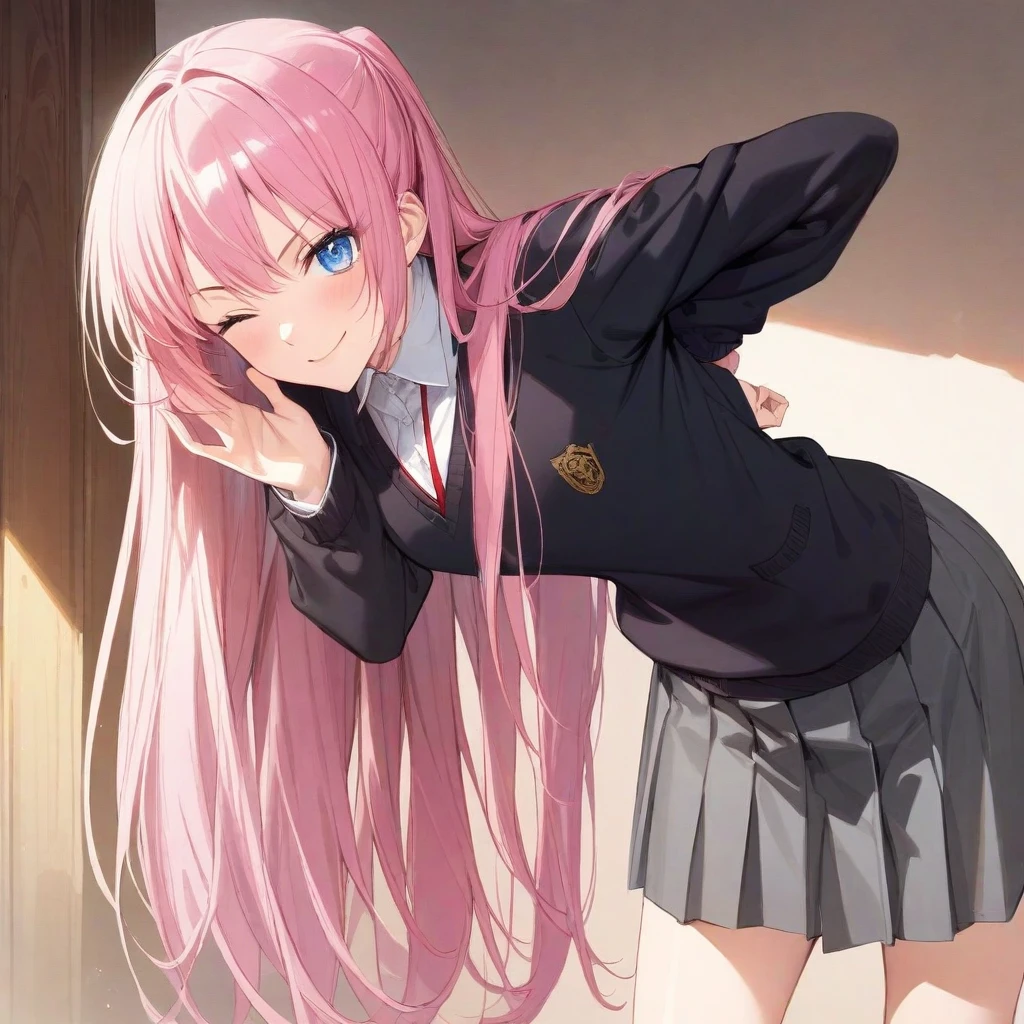 (masterpiece),(best quality),(ultra-detailed),(best illustration),(best shadow),(absurdres),(detailed background),(very aesthetic), shikimori, 1girl, one eye closed, pink hair, solo, blue eyes, long hair, skirt, smile, school uniform, grey skirt, looking at viewer, white background, hand on hip, leaning forward, simple background, shirt <lora:shikimori:1>