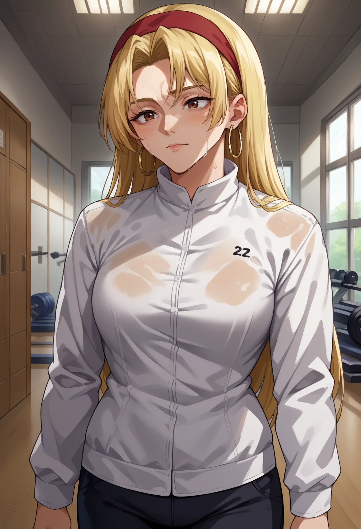 score_9, score_8_up,score_7_up, source_anime,1girl, solo, <lora:EPjjkTsukumoYuki:1>, EPjjkTsukumoYuki, long hair, blonde hair, brown eyes, parted bangs, hoop earrings, make-up, white tracksuit, white jacket, black pants, red headband, sweaty, tired, indoors, gym, slight smile, cowboy shot