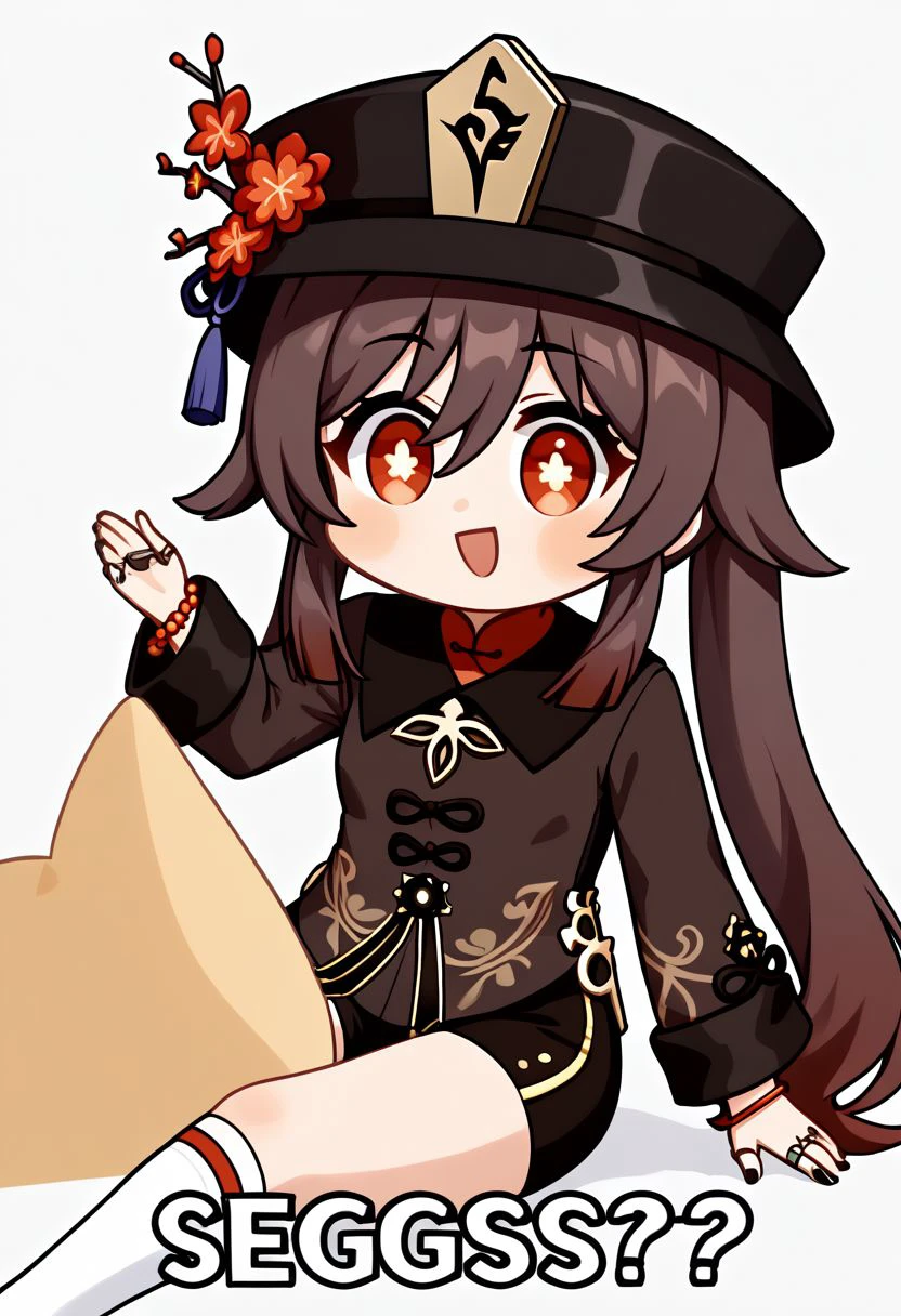 HuTao_DskFll,  Seggs, chibi, 1girl, solo, long hair, blush, open mouth, smile, english text, brown hair, shirt, red eyes, long sleeves, hat, hair between eyes, twintails, jewelry, sitting, very long hair, flower, thighs, small breasts, shorts, socks, bracelet, symbol-shaped pupils, short shorts, black headwear, chinese clothes, black shorts, ring, bug, white socks, butterfly, tassel, beads, hat flower, star-shaped pupils, bead bracelet, flower-shaped pupils, coattails, plum blossoms, tailcoat, hu tao (genshin impact),  BREAK PonyXLV6_Scores