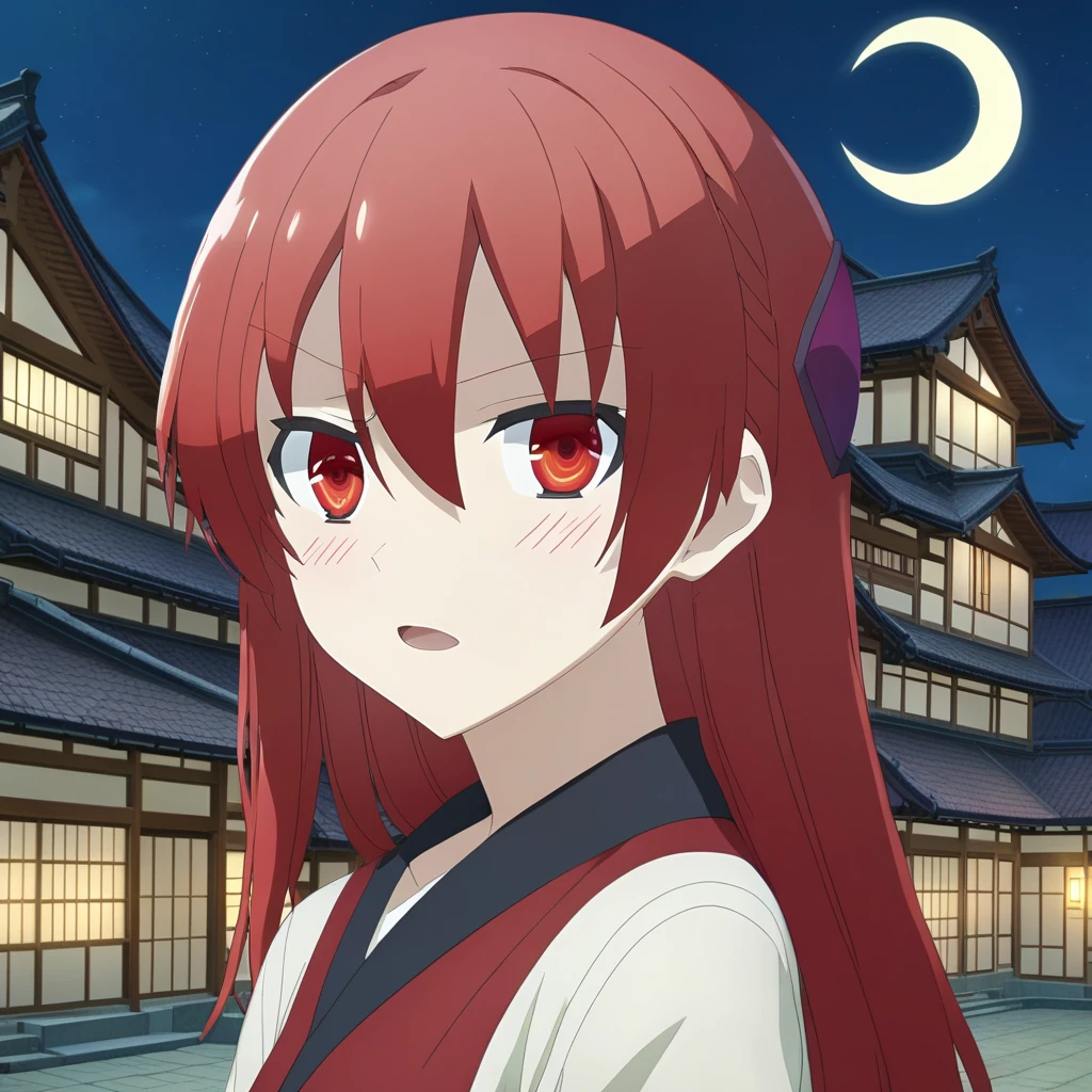 score_9, score_8_up, score_7_up, source_anime, rating_safe, , (3d:0.4), 1girl, solo,  tsukasa_yuzaki, red hair, red eyes, long hair, hair between eyes, bangs, close-up, town, japanese architecture, night, crescent moon, one leg up, speaking, talking,