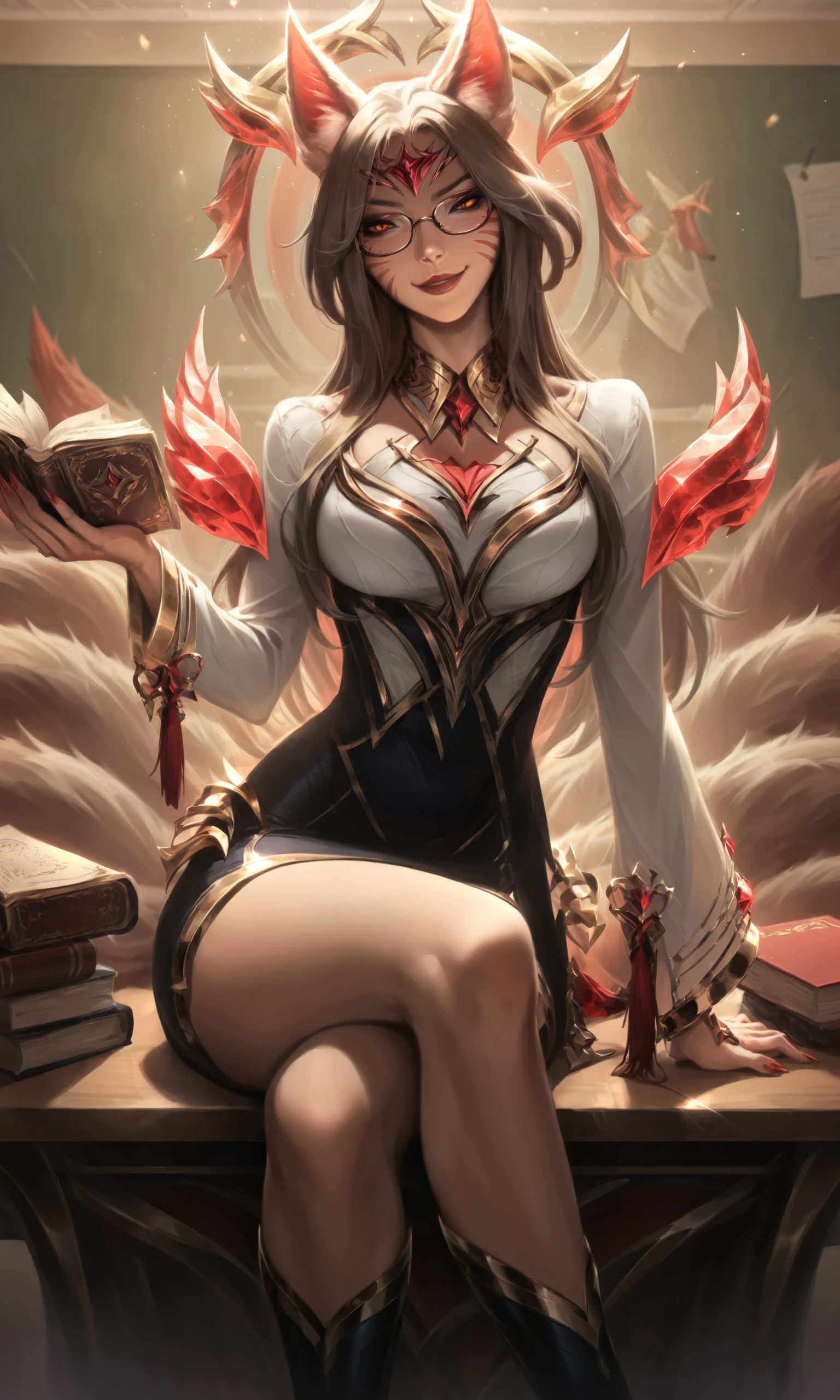 score_9, score_8_up, score_7_up, score_6_up, score_5_up, score_4_up, immortalizedahri, ahri \(league of legends\), woman, solo, fox, tails, classroom, on desk, sitting on desk, bad teacher, holding a book, wearing eye glasses, skirt, wide shot, looking at viewer, smirk, smug, confidant, crossed legs