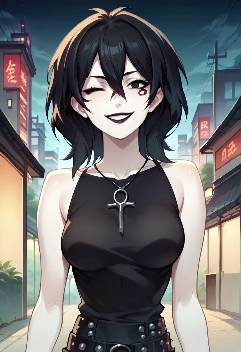 D_endless, anime screencap, 1girl, black eyes, black hair, medium hair, hair between eyes, pale skin, white body, medium breasts, facial mark, ankh necklace, black top, bare shoulders, studded belt, black pants, looking at viewer, black lips, goth, night, smile, one eye closed, skyscraper,, score_9, score_8_up, score_7_up, score_6_up, score_5_up, score_4_up, ponypositive
