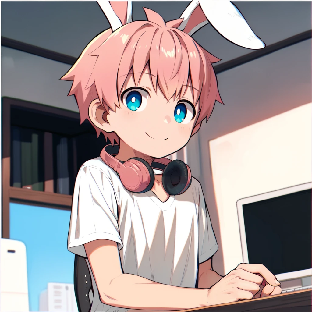 score_7, score_7_up, score_6_up, source_anime, indoors, computer, white border, dutch angle, 1boy, solo, young, pink hair, hair over ears, rabbit ears, rabbit boy, smile, cute, t-shirt, looking at viewer, headphones around neck <lora:nayoshi-amxl-v4c-ShoAI:0.9>