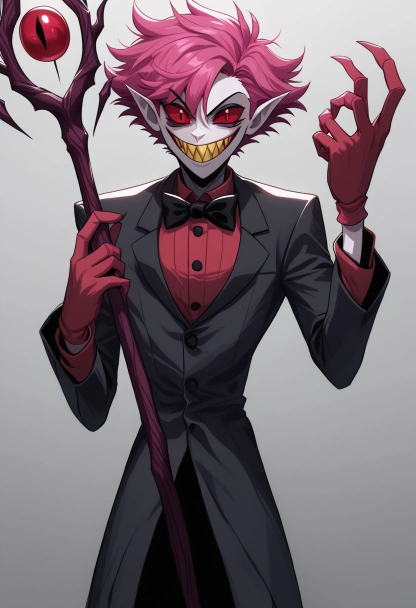 kaoselement style, solo, bow, smile, pink hair, staff, teeth, red eyes, holding, colored sclera, sharp teeth, bowtie, holding staff, 1boy, gloves, male focus, red sclera, grin, short hair, looking at viewer, black bow, colored skin, chaos, panic, disorder, my job is done here, chaotic, chaos bean BREAK zPDXL2