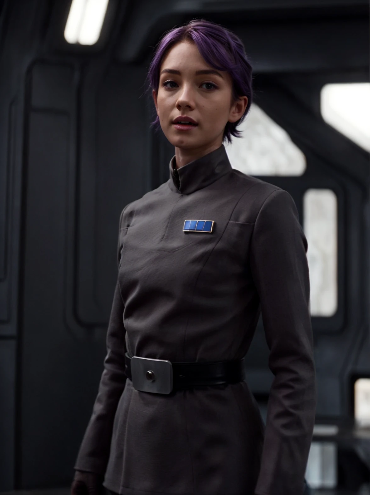 <lora:add_detail:0.8>, retro, film grain, realistic, <lora:Bordizzo:0.8>, 1woman, best quality, solo, sci-fi, purple hair, wearing grey uniform, indoors