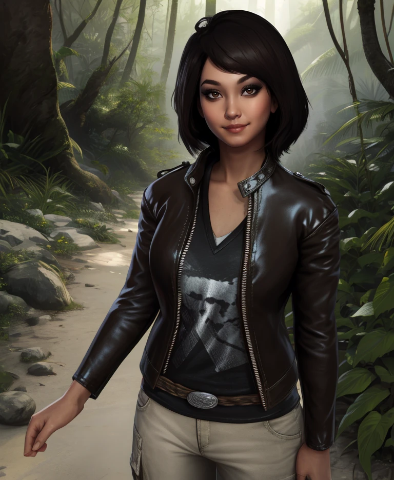 samantha,brown eyes,black hair,
shirt,leather jacket,belt,pants,looking at viewer,
light smile,standing,
outdoors,jungle,temple,
(insanely detailed,  masterpiece, best quality),solo,<lora:samanthanishimura:0.9>,