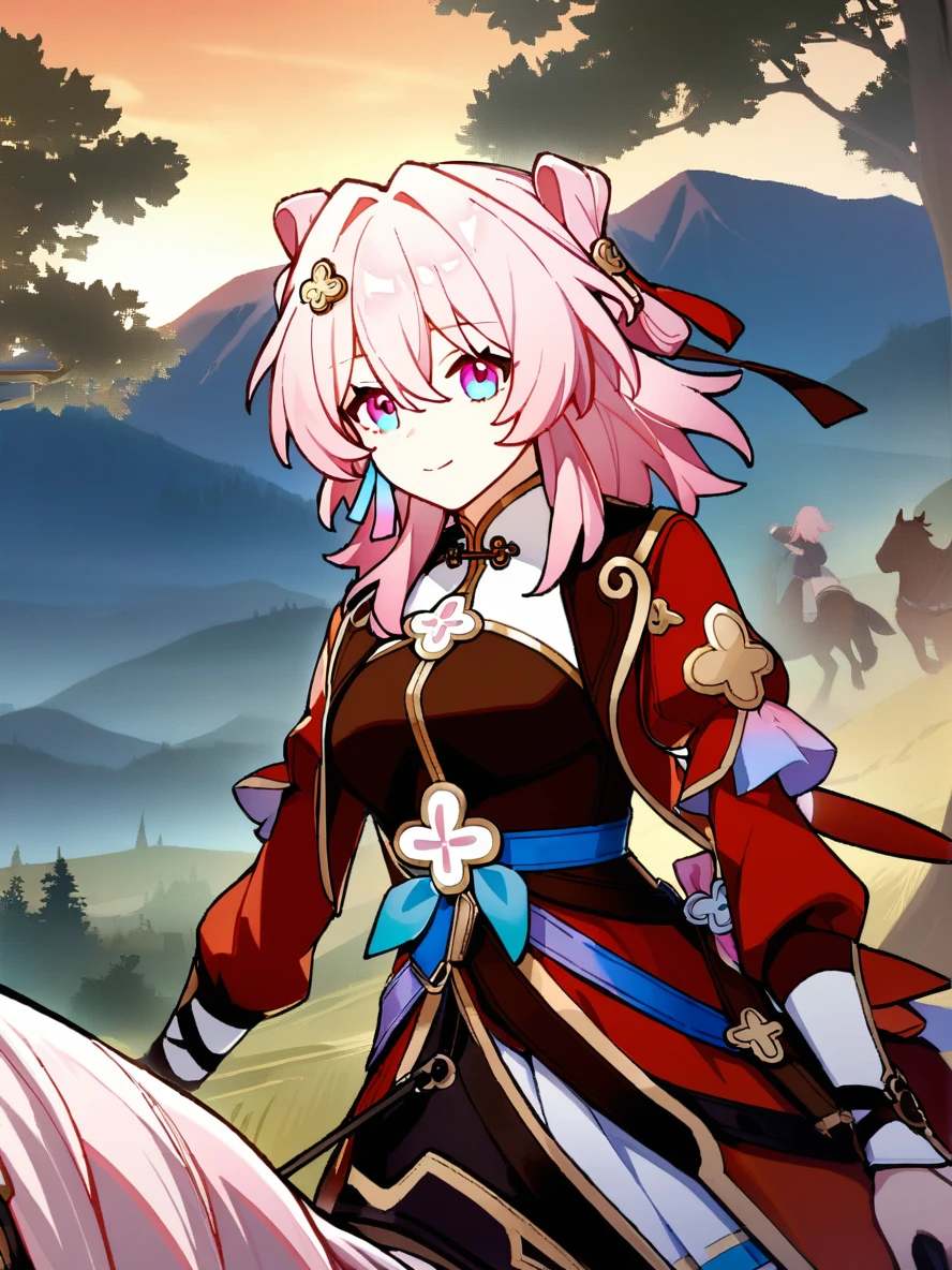 1girl, 
march 7th \(hunt\) \(honkai: star rail\), solo, image fill, esert, horseback riding, adventure, wide-open space, (sunset:1.1), (exploration:1.2), red sleeves, riding, tree, reins, mountain, sky, outdoors, long sleeves, horse, blue sky, 
  safe
 <lora:mki-ani31-march_7th_hunt-v4:1>