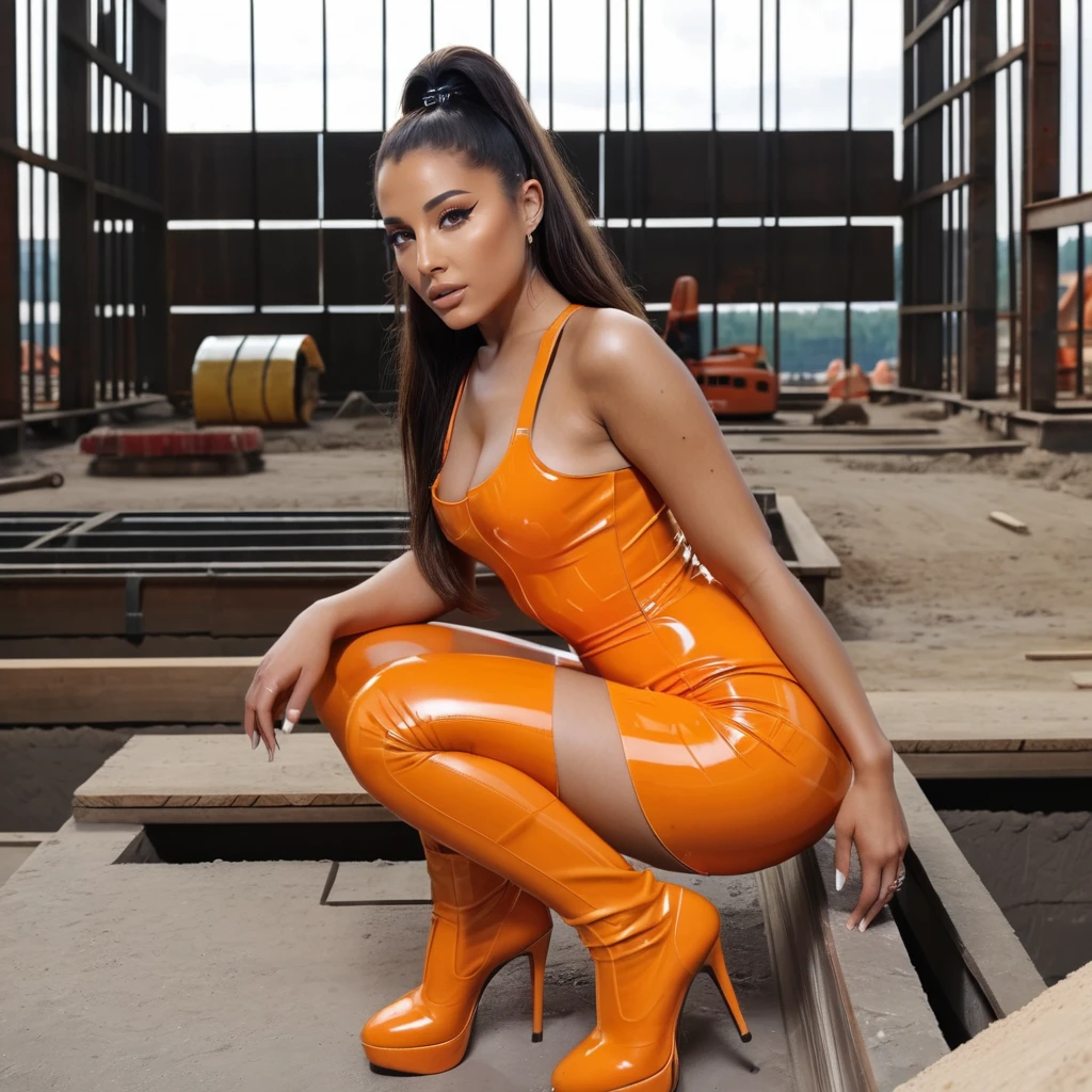 Hyperrealistic art photo of a 4r14n4 a woman, wearing orange latex dress, squatting, looking at viewer, at a construction site,  <lora:arijuu:.8> . Extremely high-resolution details, photographic, realism pushed to extreme, fine texture, incredibly lifelike