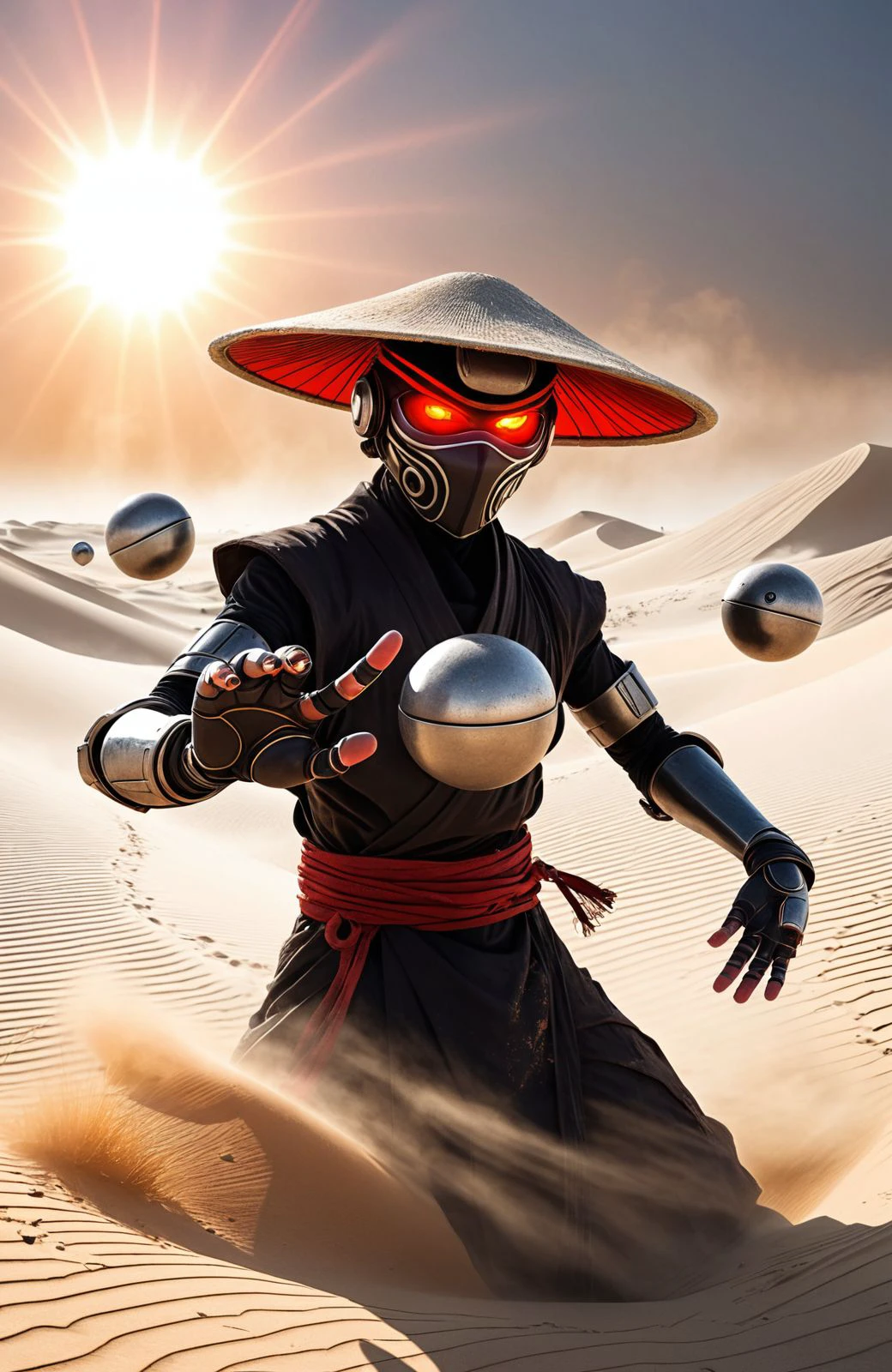 Capture the essence of a weathered, worn-out cyborg ninja amidst a swirling dust and electricity storm. Bent forward, obscured beneath a large, round sedge hat, their face barely visible. With arms outstretched, each hand holds a hovering, semi-molten red-gray orb. Against the backdrop of the sun, they stand in a desolate, bleached white sand desert.. spelling to ring like Pokemon Ball in each hand, casting two Pokemon Balls