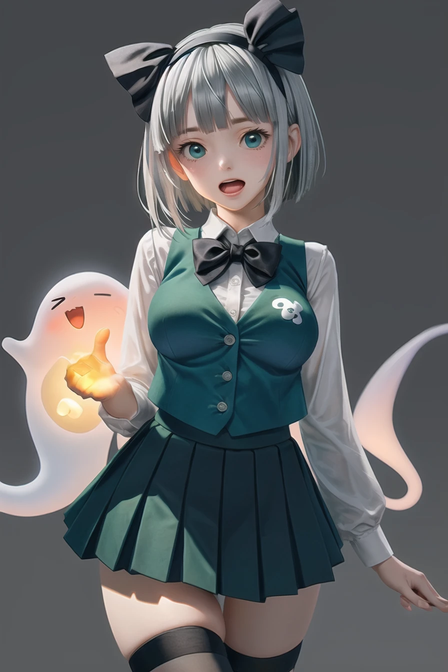 konpaku youmu,1girl,skirt,thighhighs,konpaku youmu (ghost),green skirt,blue eyes,shirt,green vest,bow,short hair,grey hair,hairband,vest,black hairband,bowtie,white shirt,black thighhighs,long sleeves,v,open mouth,hitodama,zettai ryouiki,black bow,breasts,solo,medium breasts,ribbon,trembling,grey background,pleated skirt,collared shirt,black bowtie,