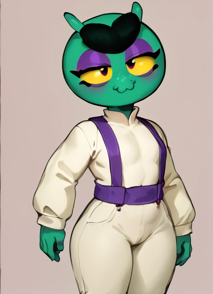 score_9, score_8_up, score_7_up,   <lora:bseve:1> bseve  ,1 girl , green skin , no humans, monobrow , no hair ,yellow sclera, antennae,  eyeshadow, suspenders ,white bodysuit,  long sleeves, pants , suspenders,  <lora:Kittew-4RCH0N:1> , smile , half-closed eyes,