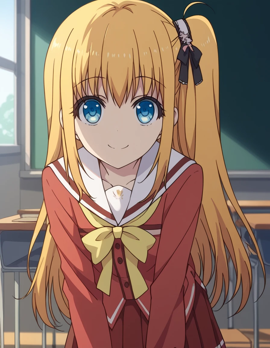 score_9, score_8_up, score_7_up, source_anime,
yusakurobane, <lora:yusa-kurobane-s1-ponyxl-lora-nochekaiser:1>,
yusa kurobane, long hair, blue eyes, blonde hair, hair ornament, ribbon, hair ribbon, one side up, side ponytail,
school uniform, serafuku, long sleeves, red blazer, red skirt, pleated skirt, white sailor collar,
indoors, classroom, bent over, smile,
looking at viewer, cowboy shot, solo, dutch angle,